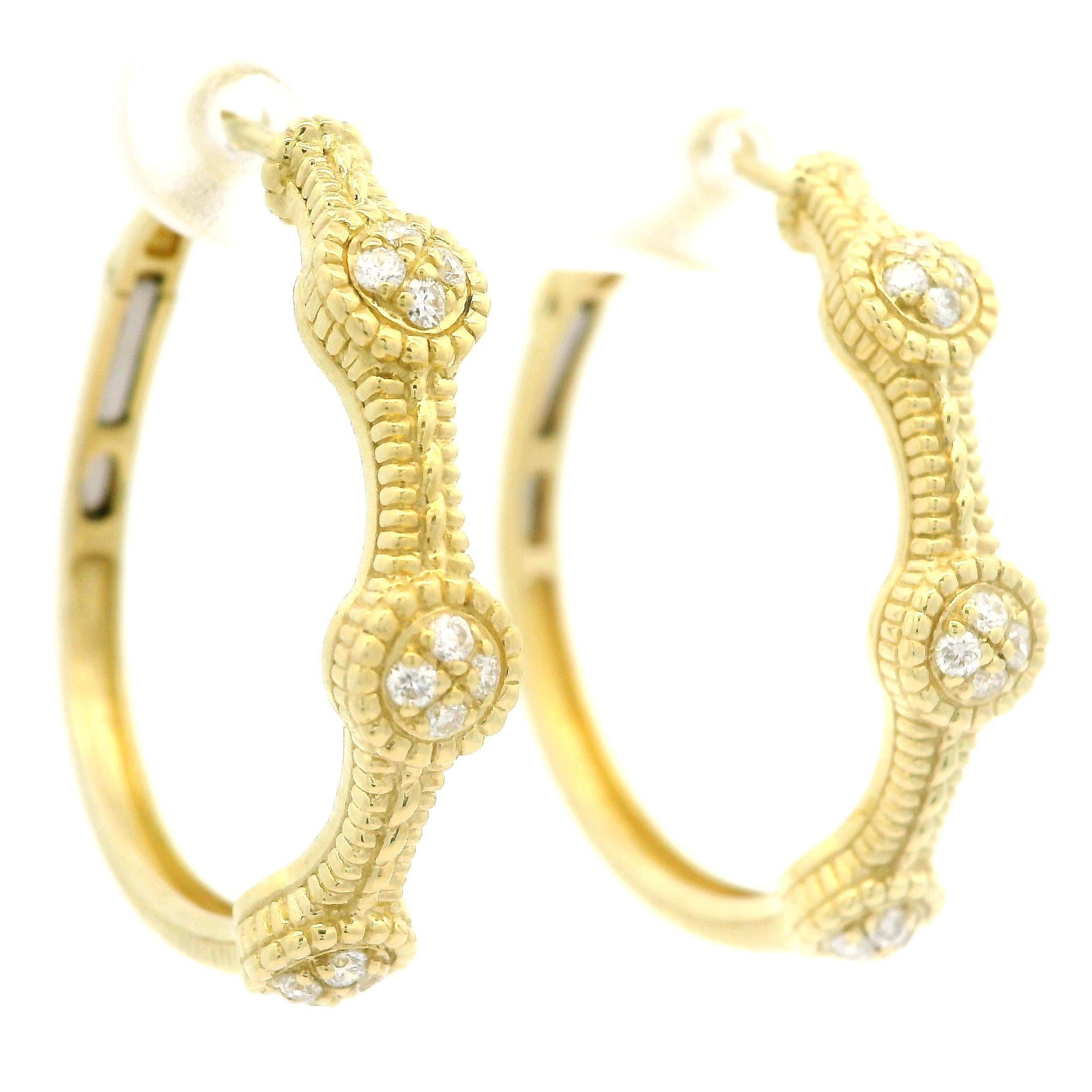 Women's Judith Ripka 18k Yellow Gold 0.24ctw Pave Diamond Textured Hoop Earrings