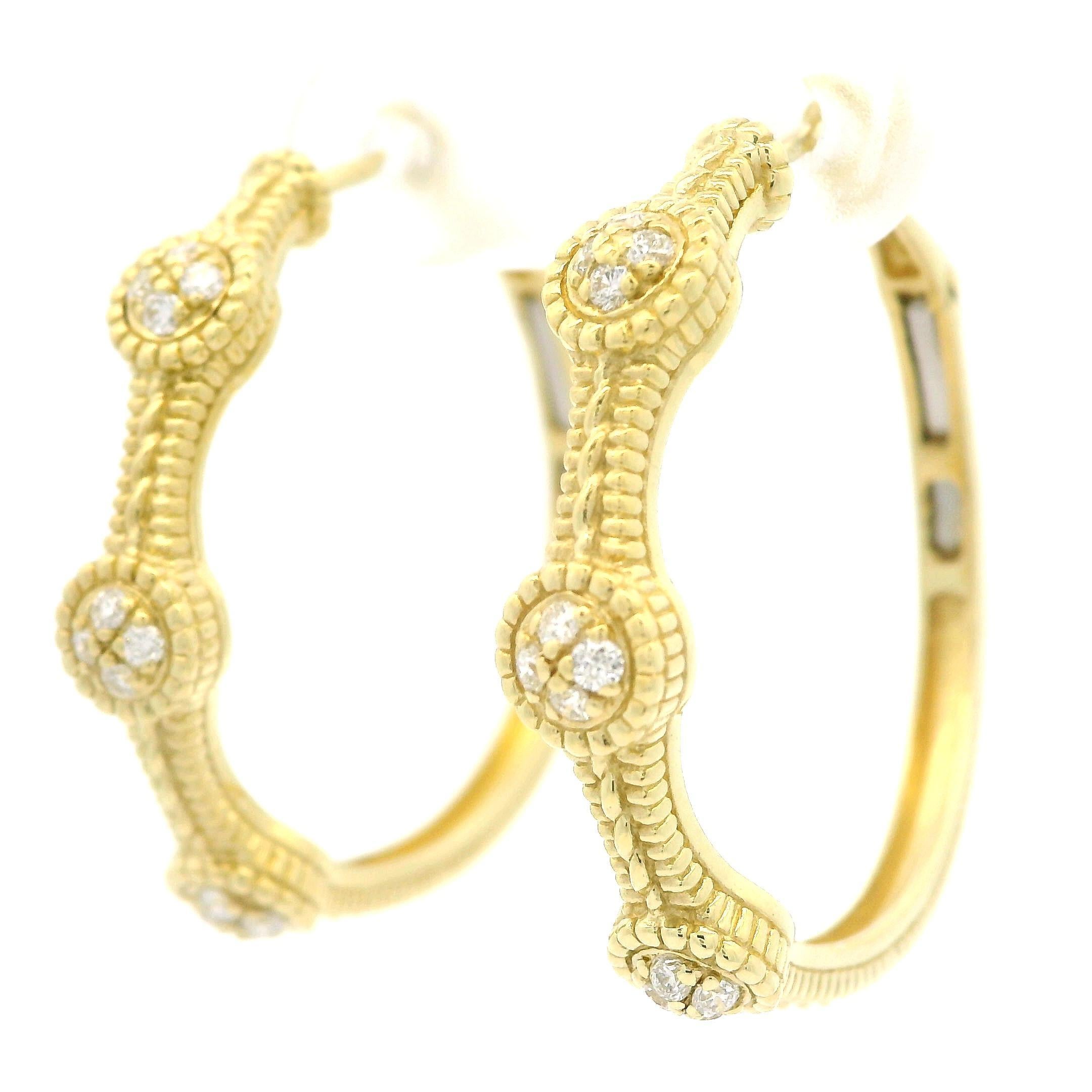 Judith Ripka 18k Yellow Gold 0.24ctw Pave Diamond Textured Hoop Earrings 1