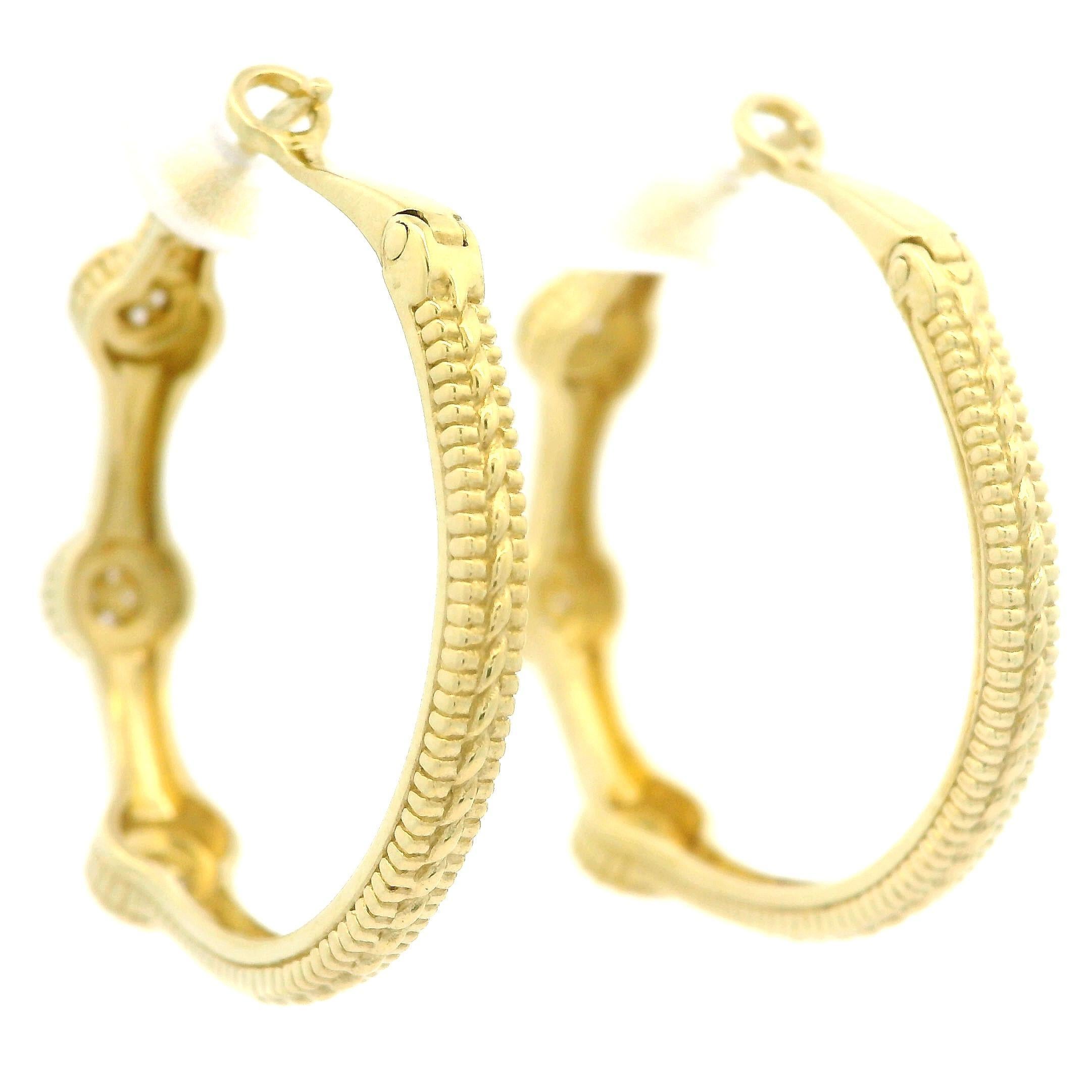 Judith Ripka 18k Yellow Gold 0.24ctw Pave Diamond Textured Hoop Earrings 3