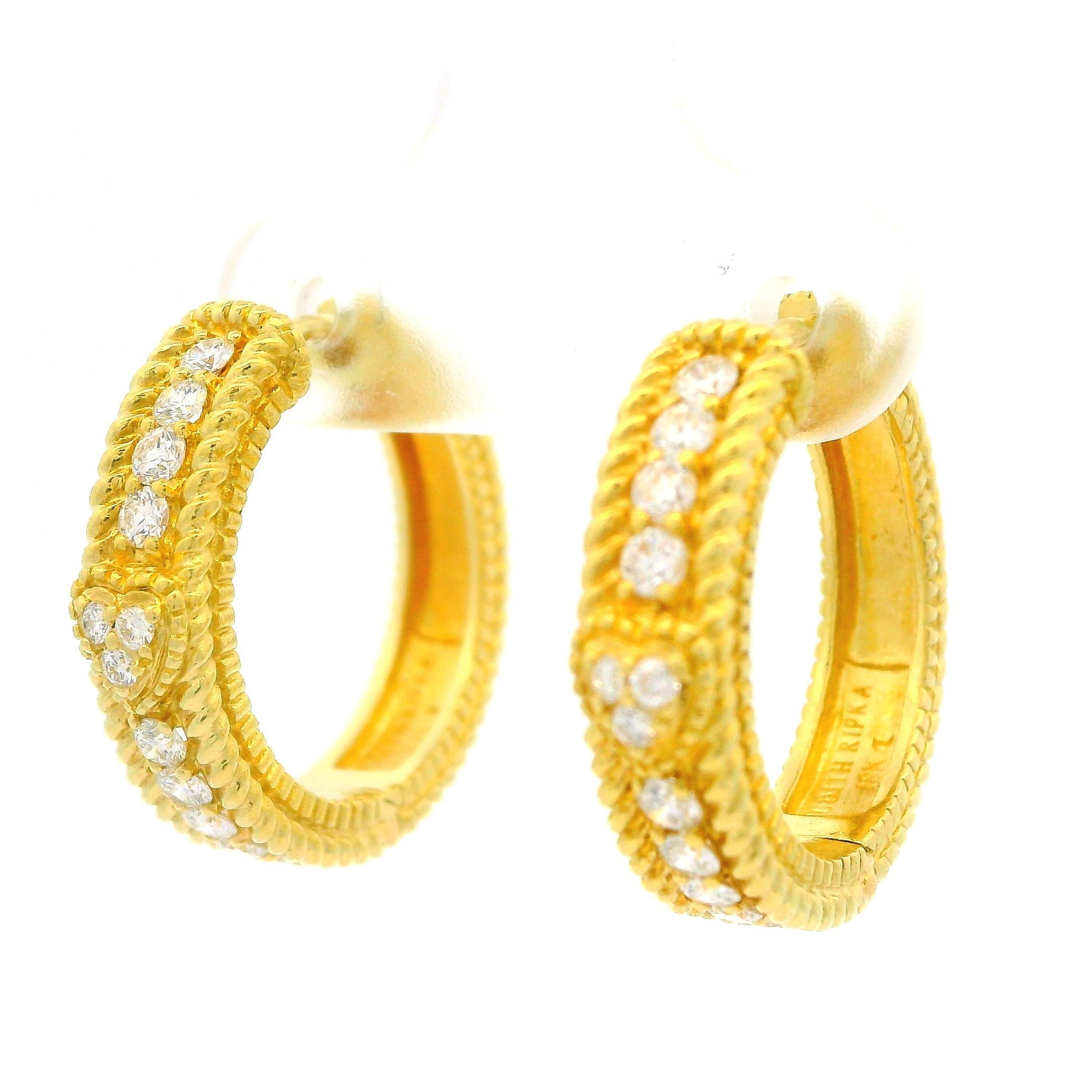 Round Cut Judith Ripka 18k Yellow Gold 0.42ctw Diamond Textured Twisted Wire Hoop Earrings