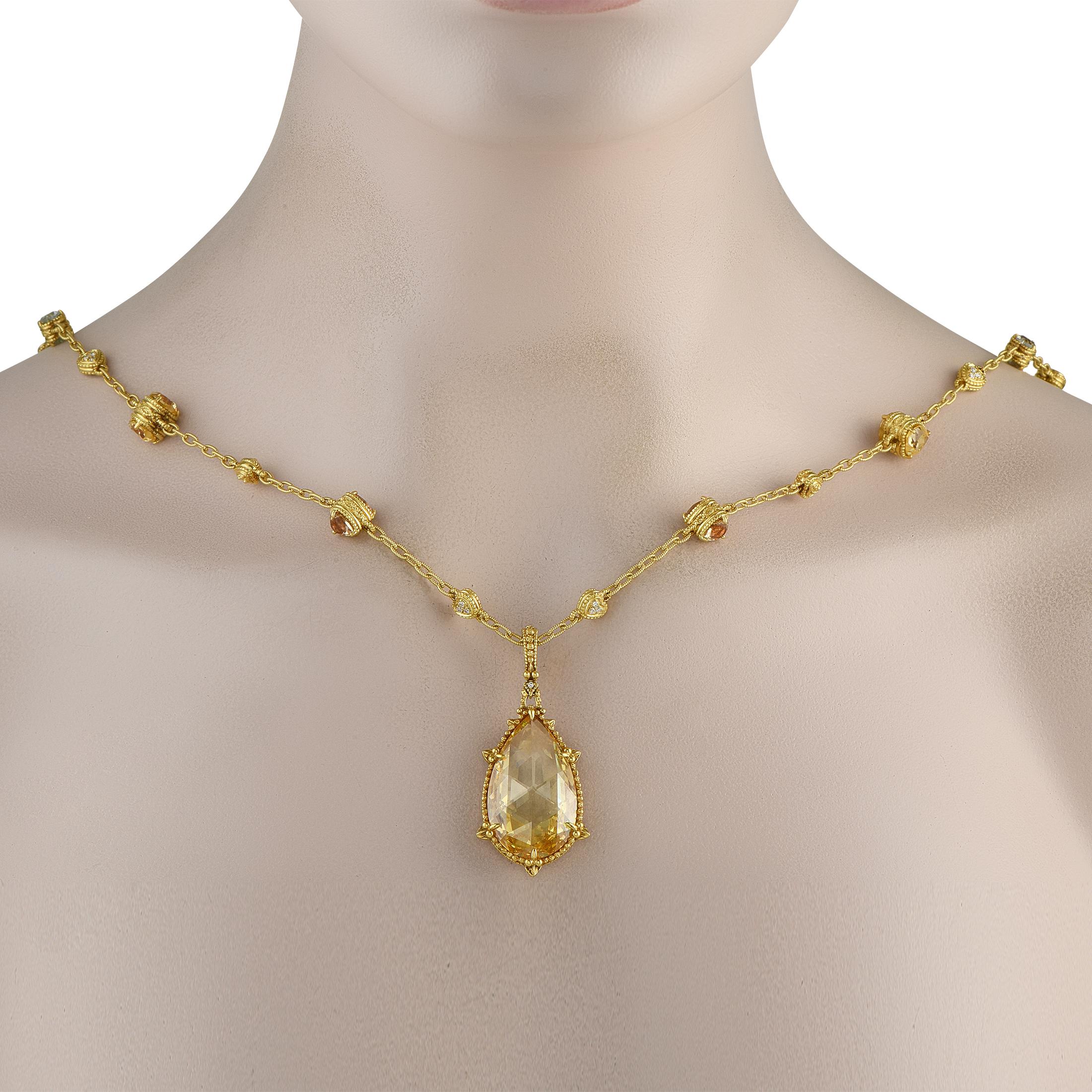 This Judith Ripka necklace is teeming with old fashioned elegance. The textured chain comes to life thanks to a series of stylish heart-shaped accents. Diamonds totaling 0.65 carats provide this piece with plenty of sparkle, while a stunning Citrine
