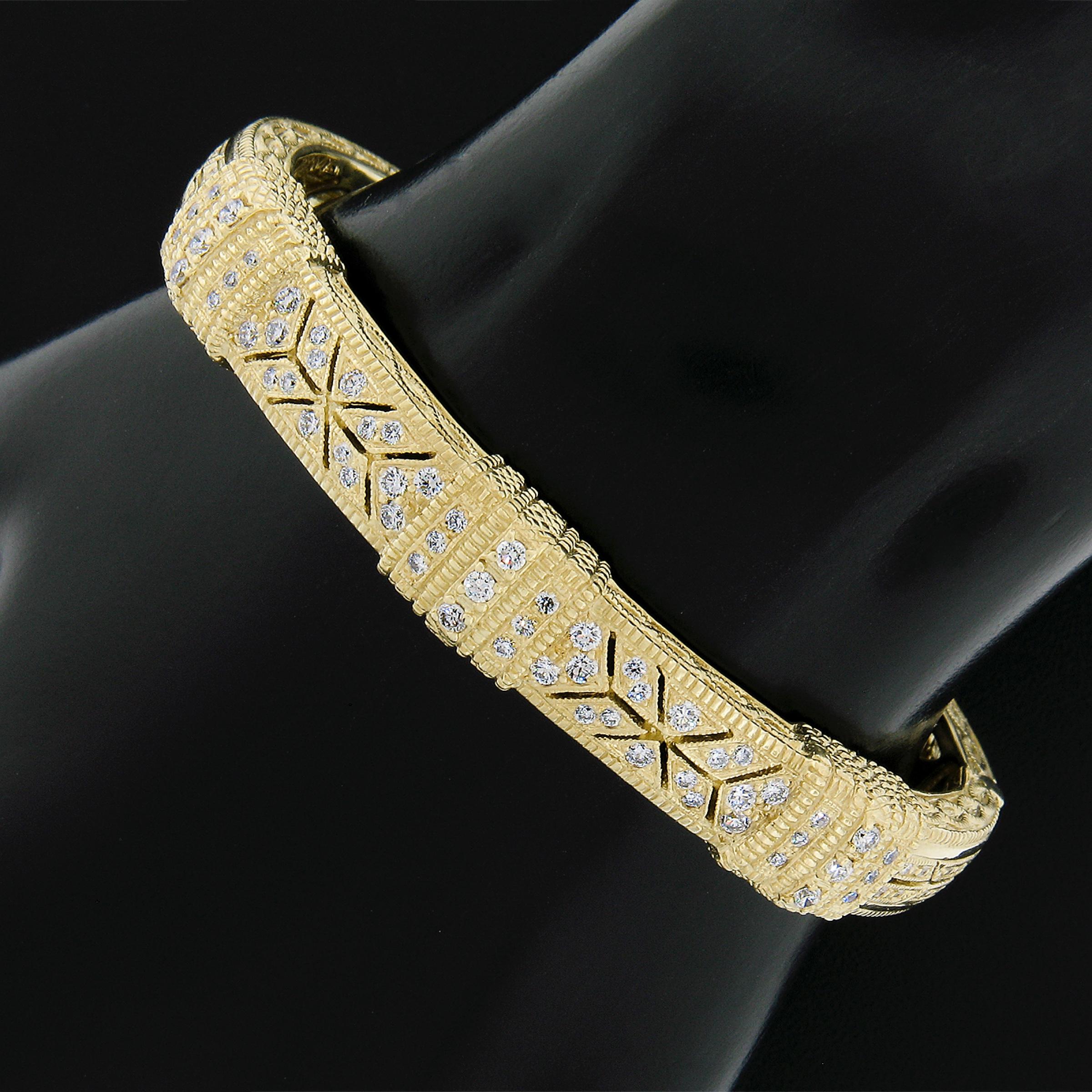 Round Cut Judith Ripka 18k Yellow Gold 1.05ctw Pave Diamond Textured Open Cuff Bracelet