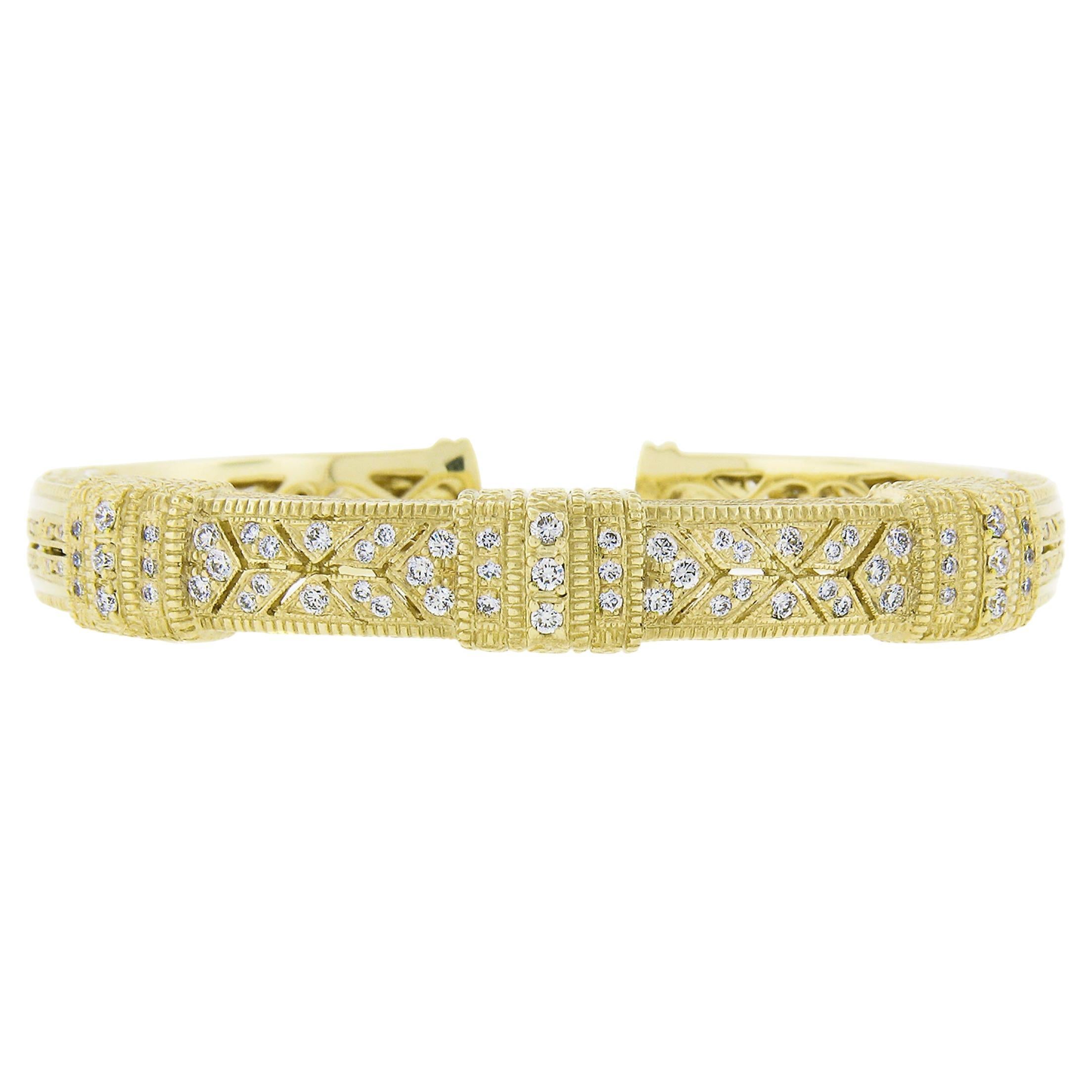 Judith Ripka 18k Yellow Gold 1.05ctw Pave Diamond Textured Open Cuff Bracelet