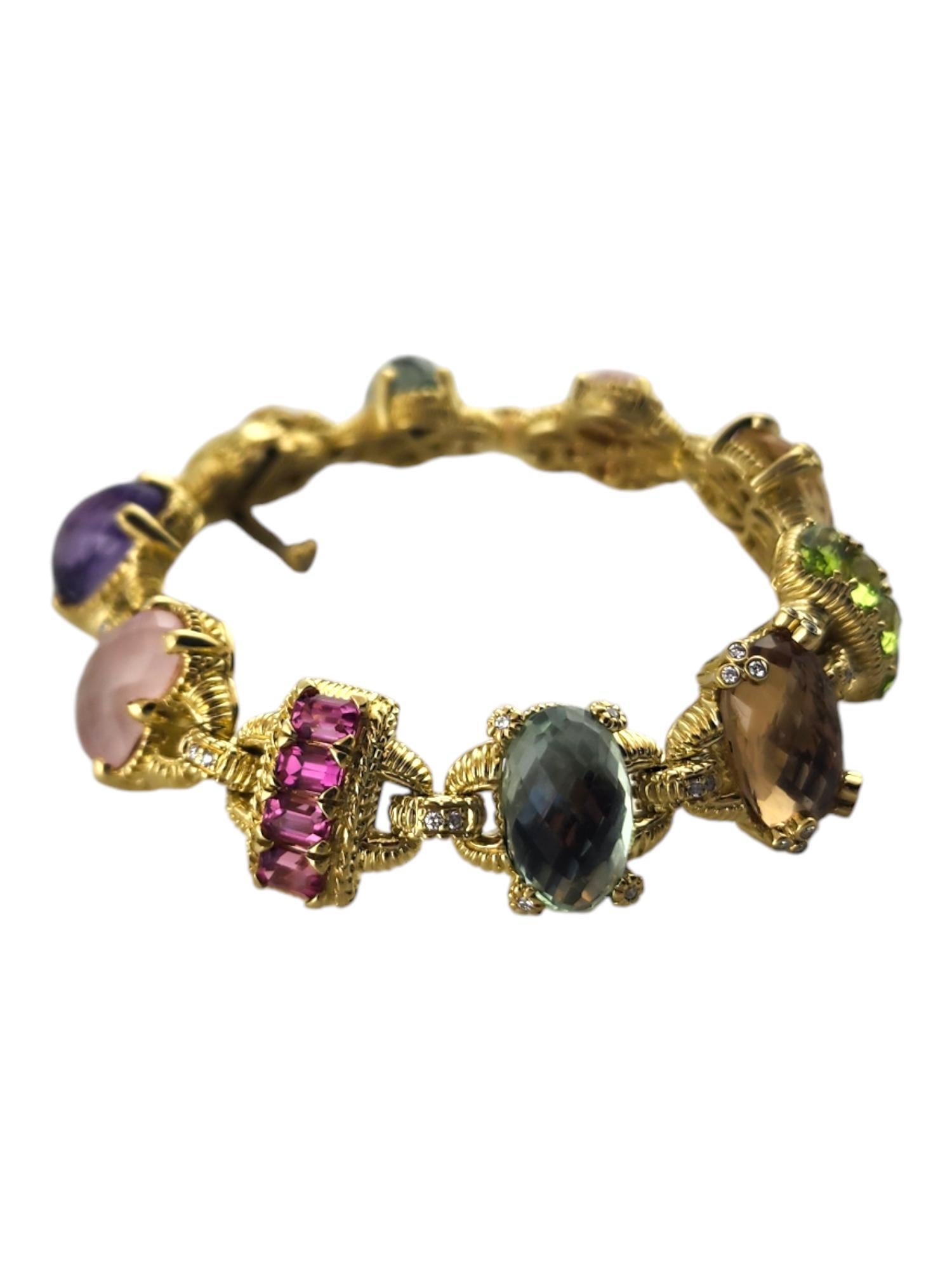 Judith Ripka 18K Yellow Gold Ambrosia Multicolored Gemstone Diamond Bracelet

This stunning bracelet from Judith Ripka's Ambrosia collection features amethyst, citrine, peridot, pink tourmaline, rose quartz, tsavorite, and prasiolite gems with a