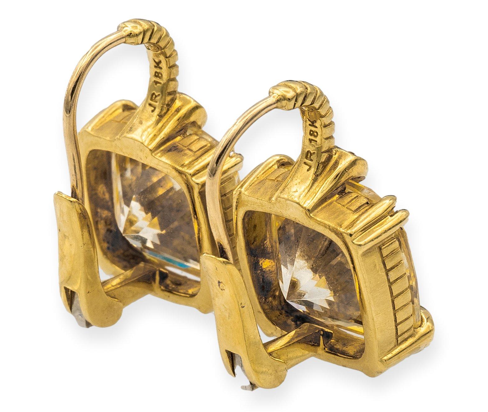 Contemporary Judith Ripka 18k Yellow Gold and Diamond Lemon Quartz Lever-Back Dangle Earrings For Sale