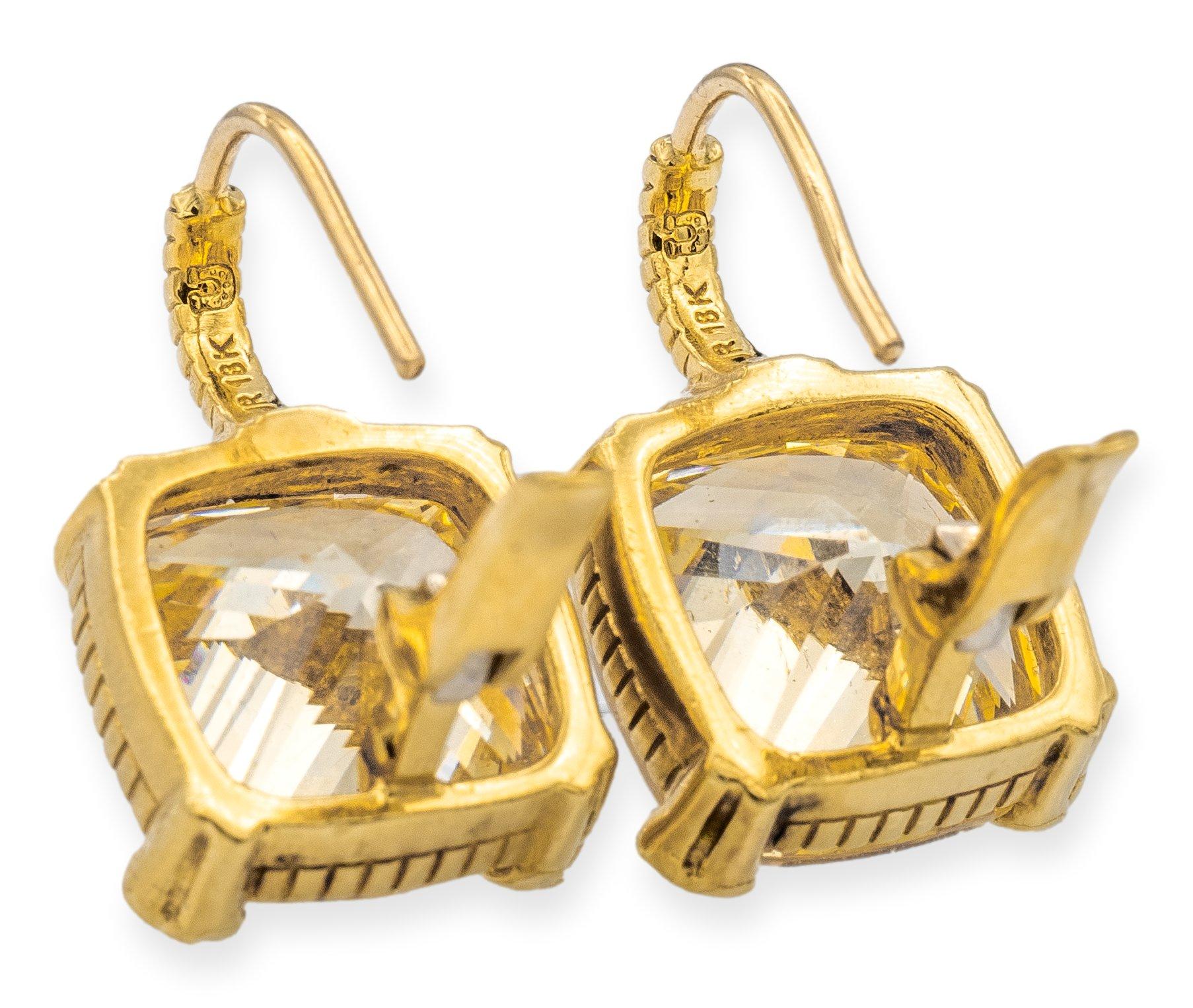 Cushion Cut Judith Ripka 18k Yellow Gold and Diamond Lemon Quartz Lever-Back Dangle Earrings For Sale