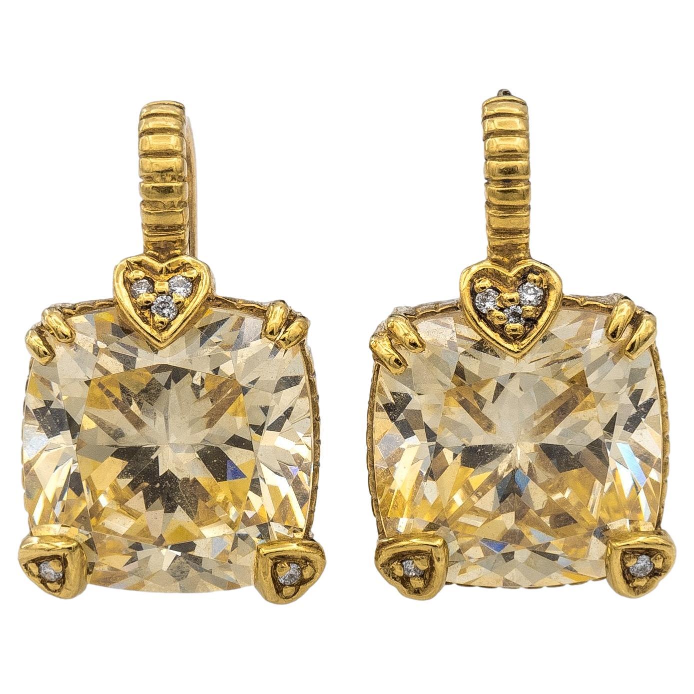 Judith Ripka 18k Yellow Gold and Diamond Lemon Quartz Lever-Back Dangle Earrings