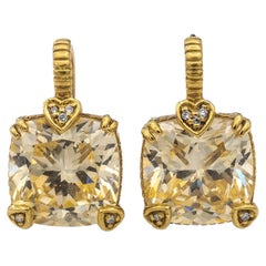 Vintage Judith Ripka 18k Yellow Gold and Diamond Lemon Quartz Lever-Back Dangle Earrings