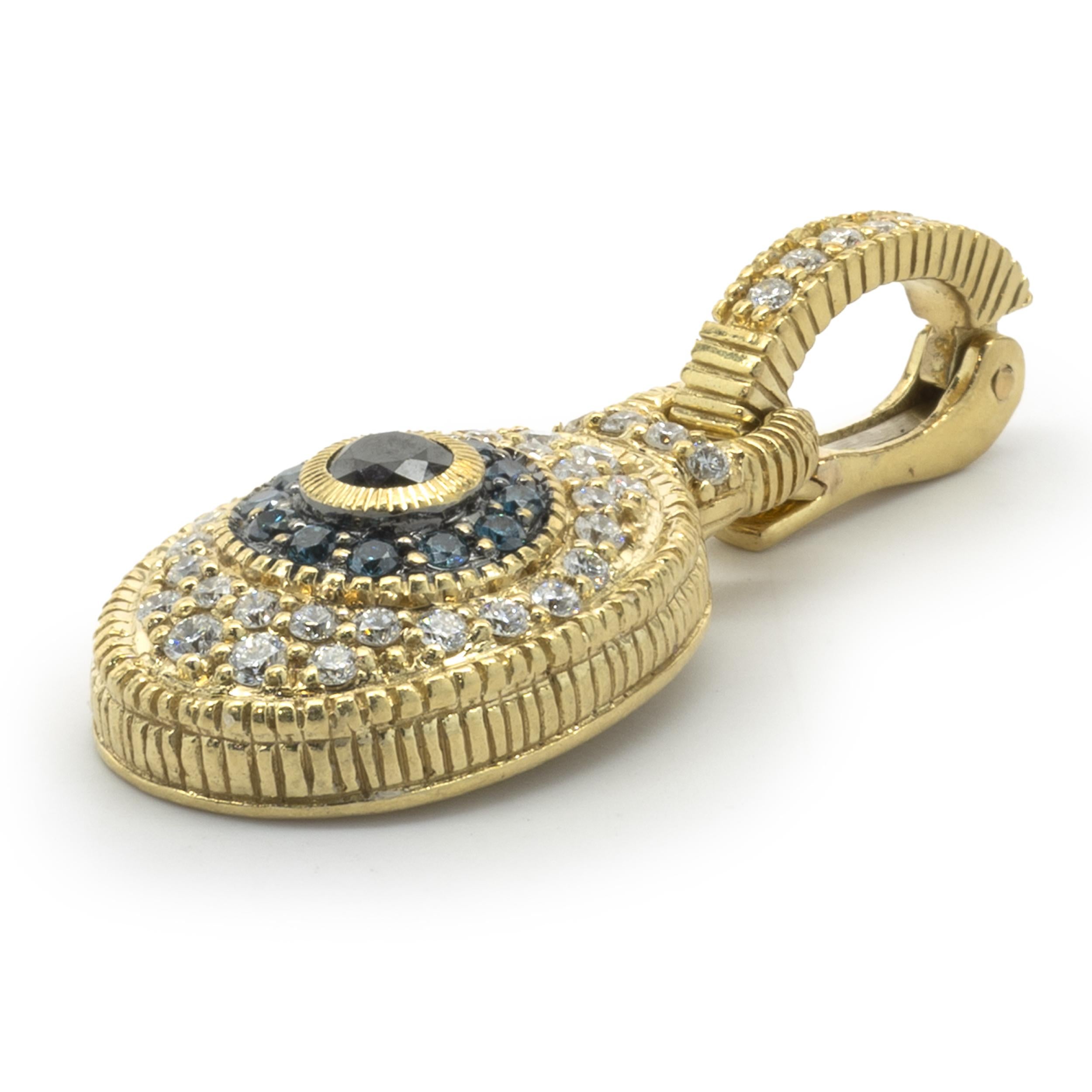 Designer: Judith Ripka
Material: 18K yellow gold
Diamond:  round brilliant cut = 1.20cttw
Color: Black / Blue / G 
Clarity: SI1
Dimensions: pendant measures 31 X 12.50mm
Weight: 4.71 grams
