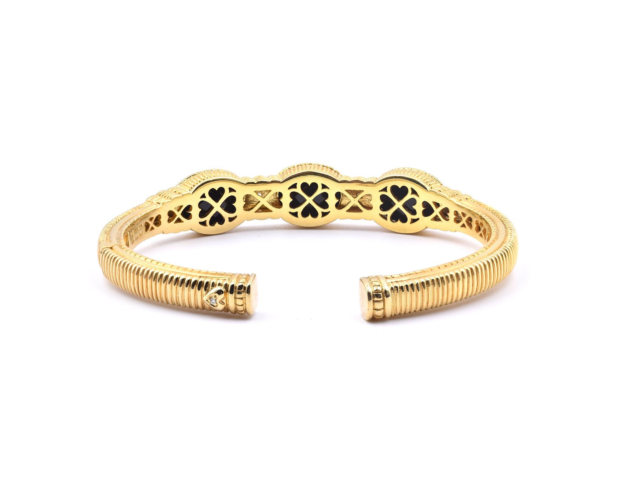 Round Cut Judith Ripka 18 Karat Yellow Gold Black Onyx and Diamond Cuff Bracelet