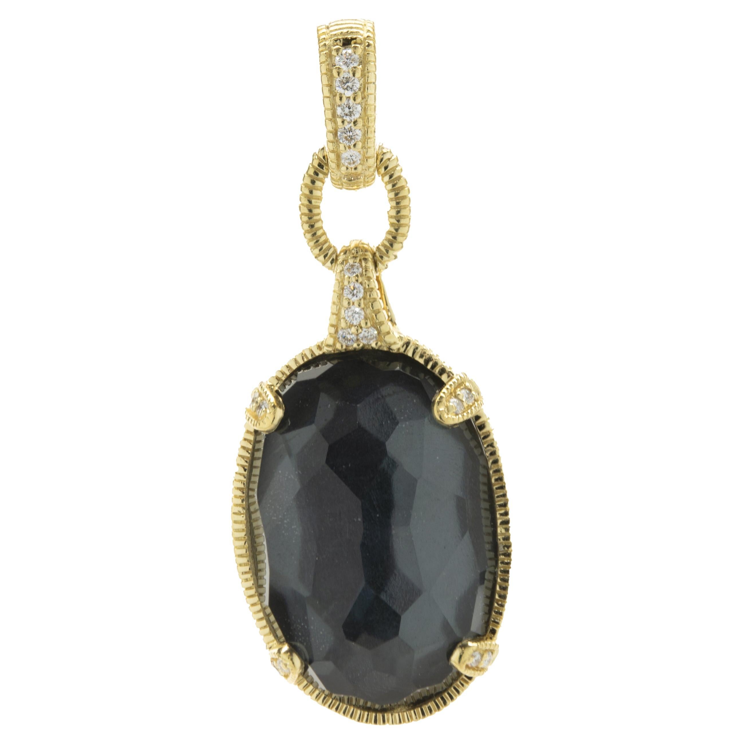 Judith Ripka 18k Yellow Gold Black Quartz, Mother of Pearl, Diamond Drop Pendant For Sale