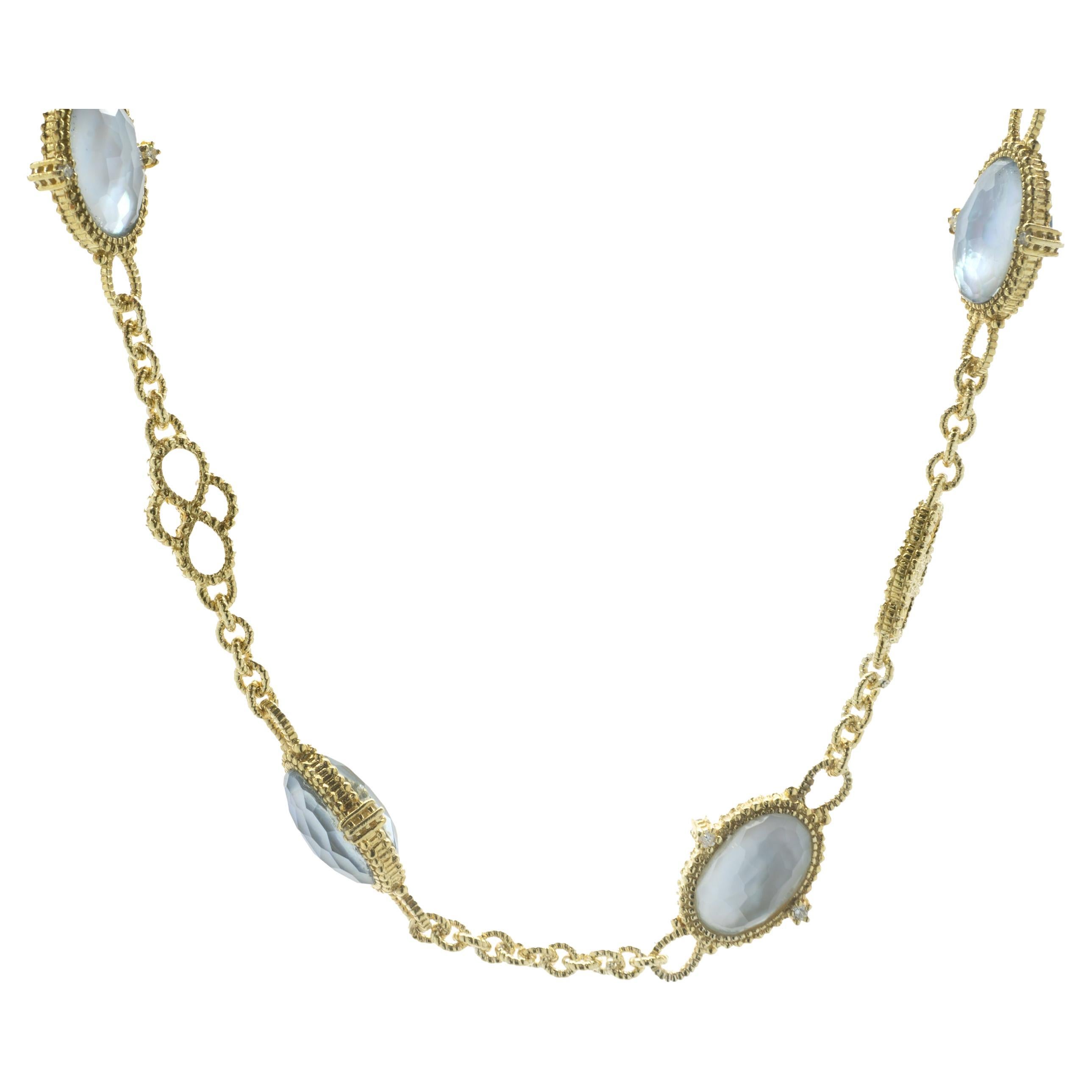 Judith Ripka 18k Yellow Gold Blue Mother of Pearl and Diamond Station Necklace