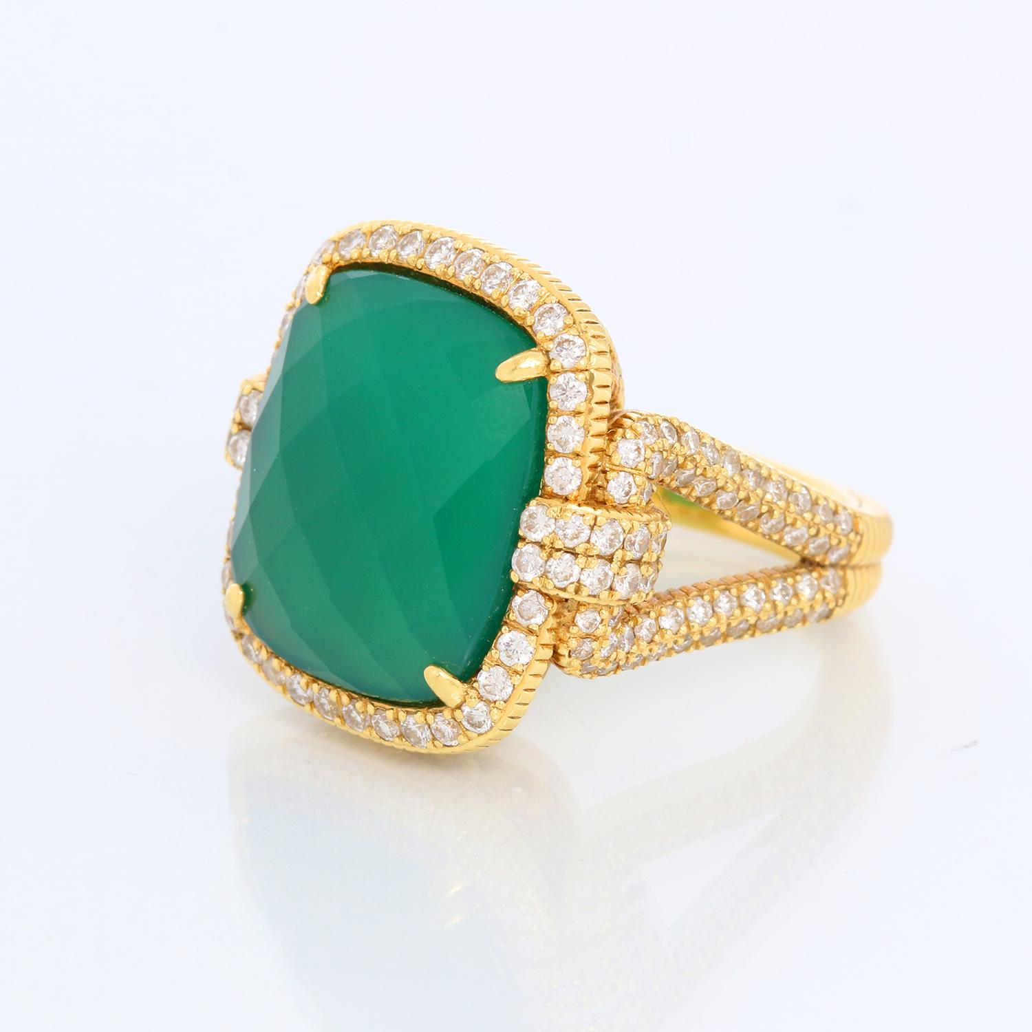 Judith Ripka 18K Yellow Gold Chalcedony & Diamond Ring - Beautiful cocktail ring. Measures .75 by .50 inches. Hallmarked; designers mark and 18K.  Pre-owned with custom box. Size 6 1/2.
