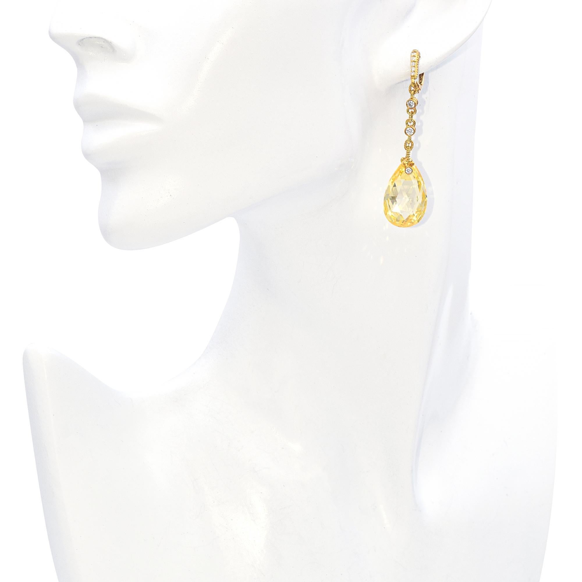 Briolette Cut Judith Ripka 18k Yellow Gold Diamond and CZ Briolette Drop Earrings For Sale