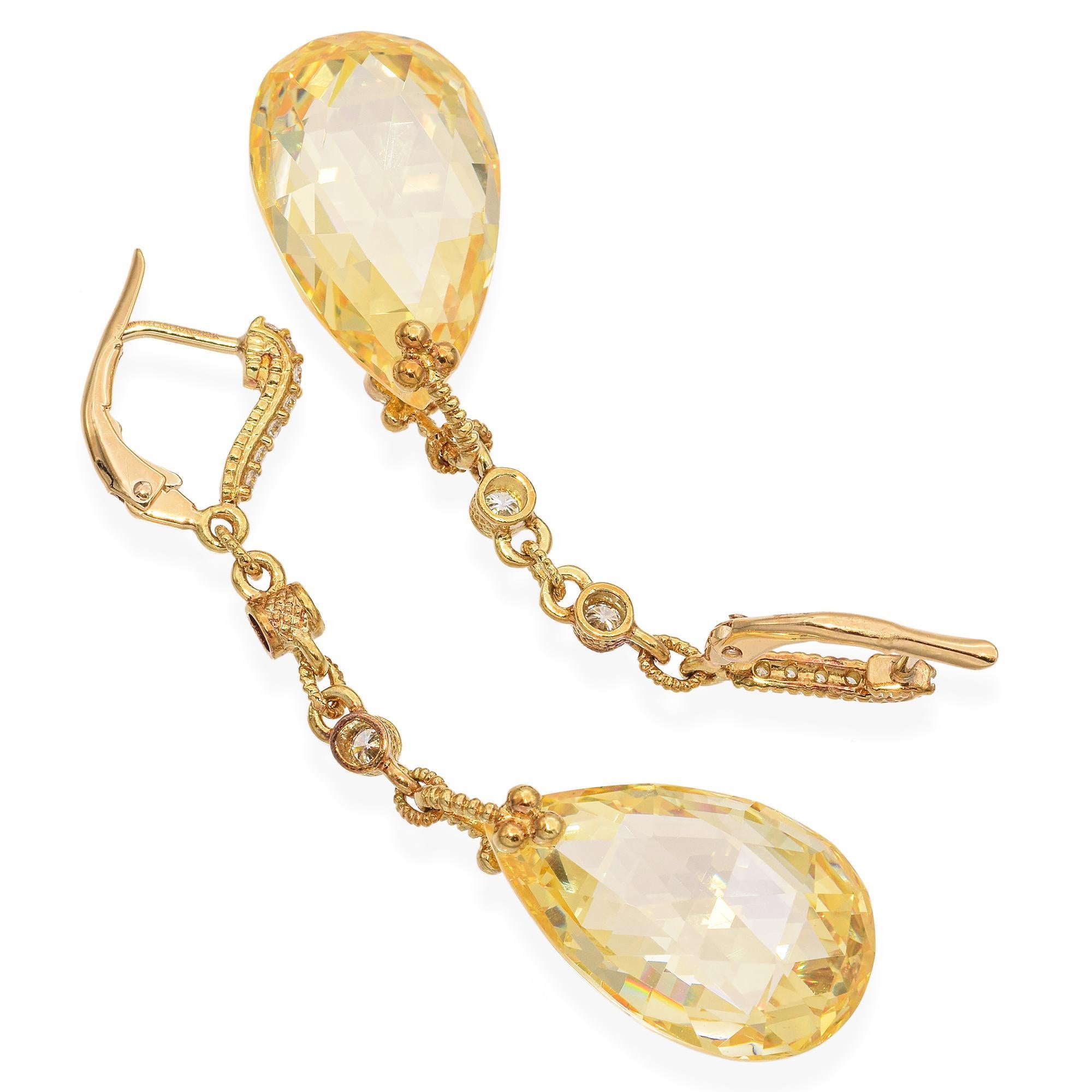 Judith Ripka 18k Yellow Gold Diamond and CZ Briolette Drop Earrings For Sale 1