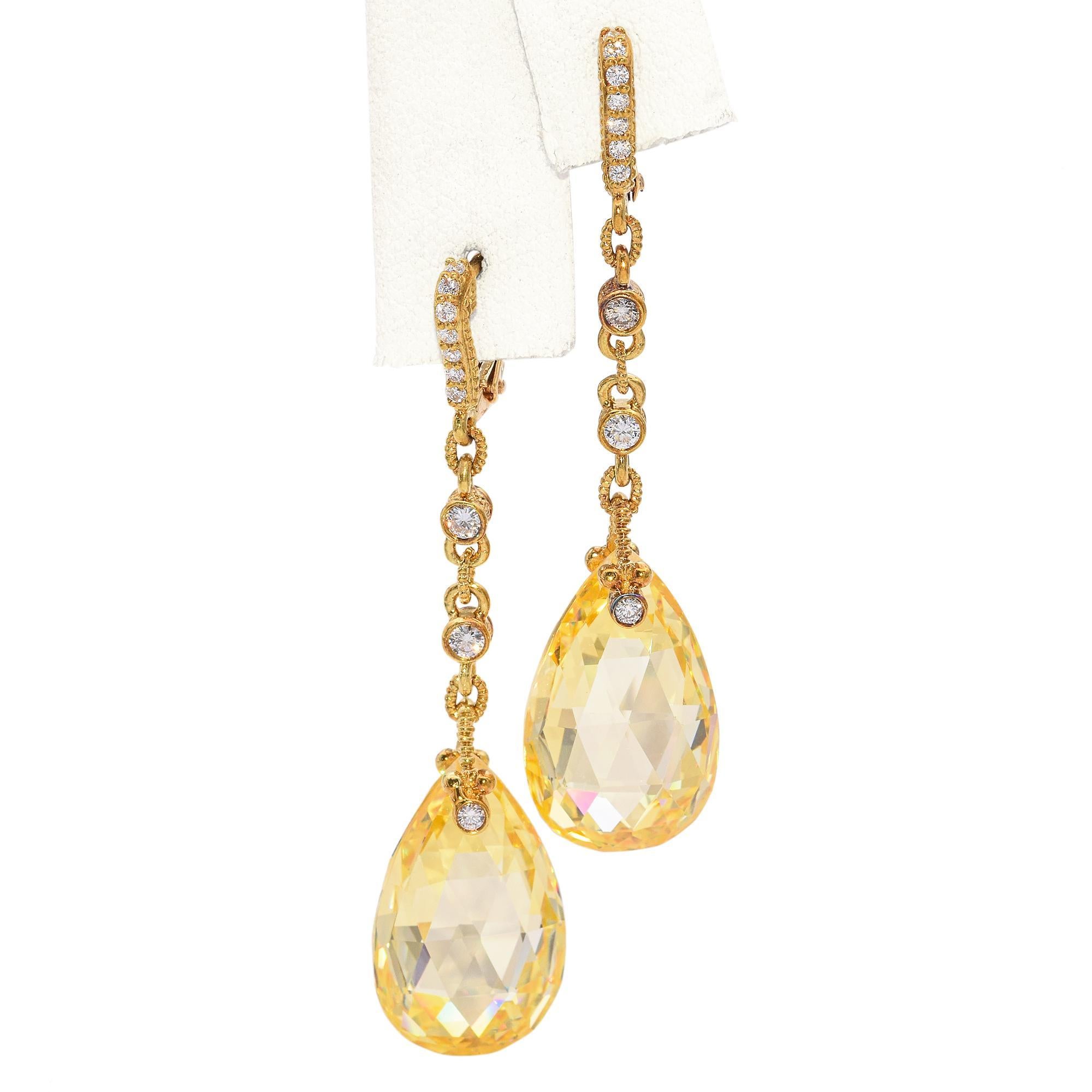 Judith Ripka 18k Yellow Gold Diamond and CZ Briolette Drop Earrings For Sale 2