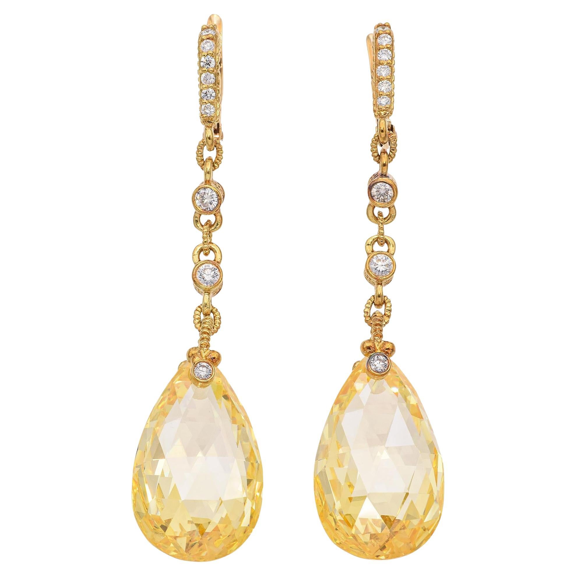 Judith Ripka 18k Gelbgold Diamant und Zitronenquarz Briolette-Tropfen-Ohrringe