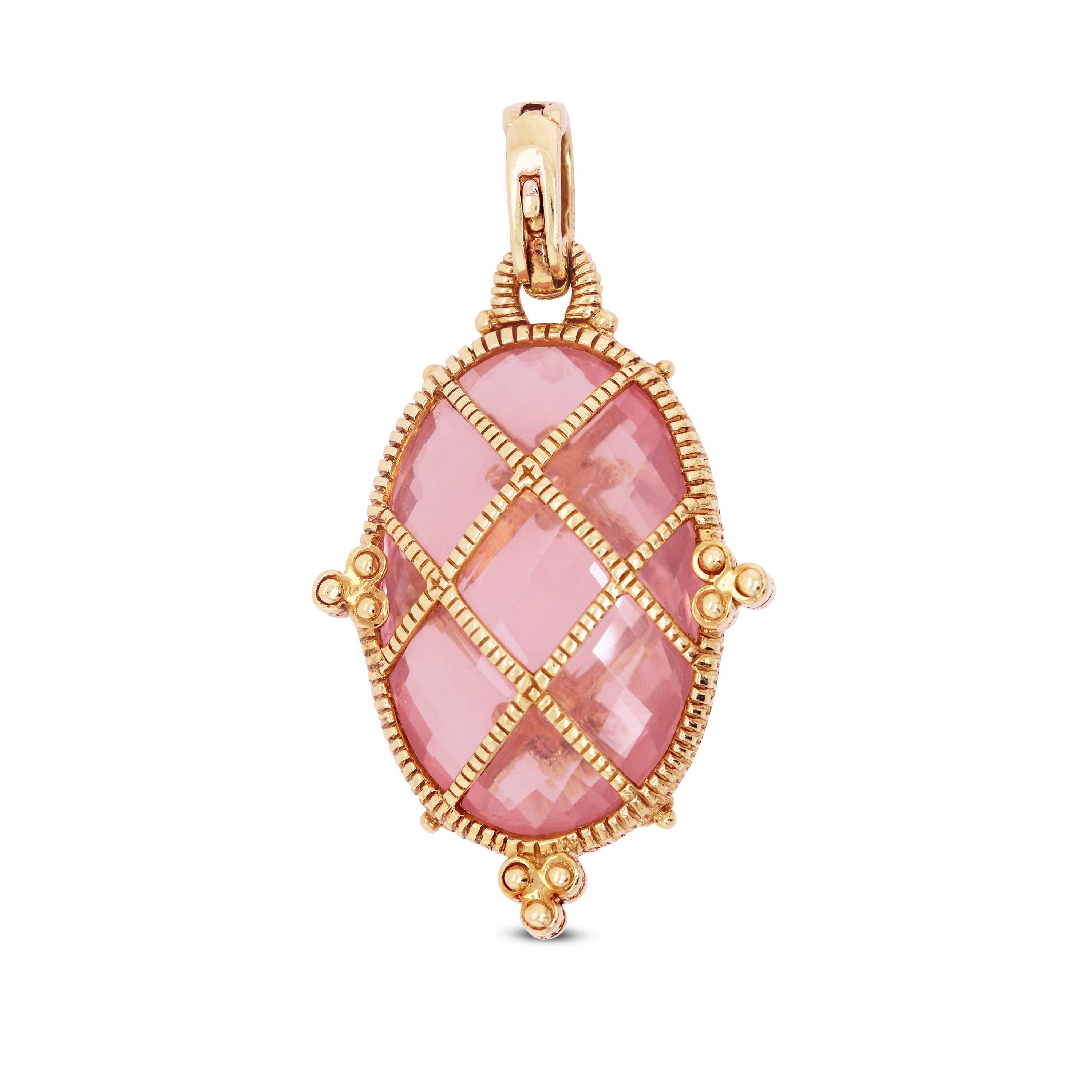 Judith Ripka 18K Yellow Gold Diamond Chain Necklace with Pink Crystal Pendant

This unique necklace from Judith Ripka features an oval shaped enhancer pendant with diamonds and a Pink Crystal center

Chain features a dangling diamond heart and