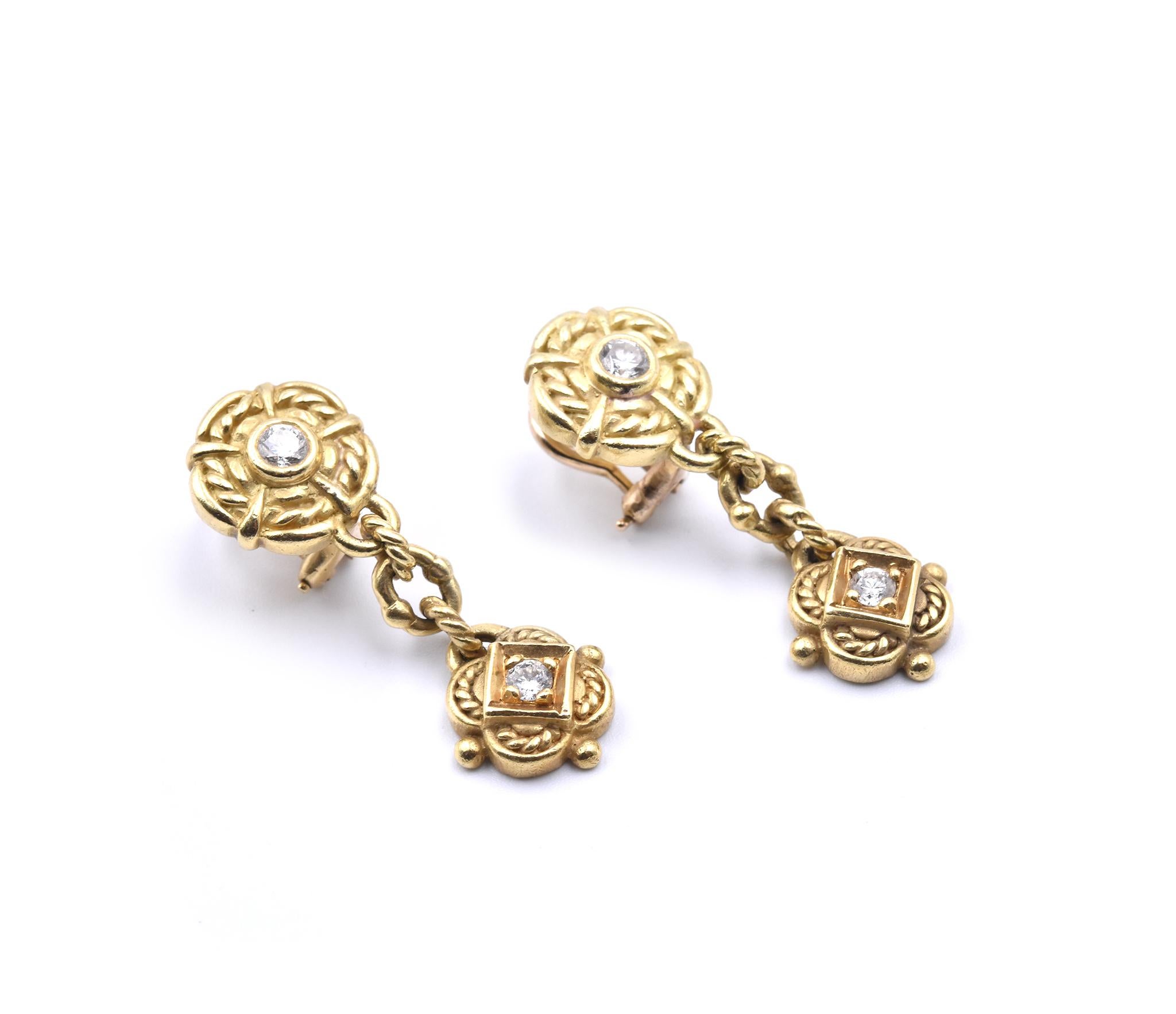 Designer: Judith Ripka
Material: 18k yellow gold
Diamonds: 4 round brilliant cut =0.60cttw
Color: G
Clarity: VS
Dimensions: earrings measure 36.50mm by 12.48mm 
Fastenings: post with omega backs
Weight: 15.7 grams
