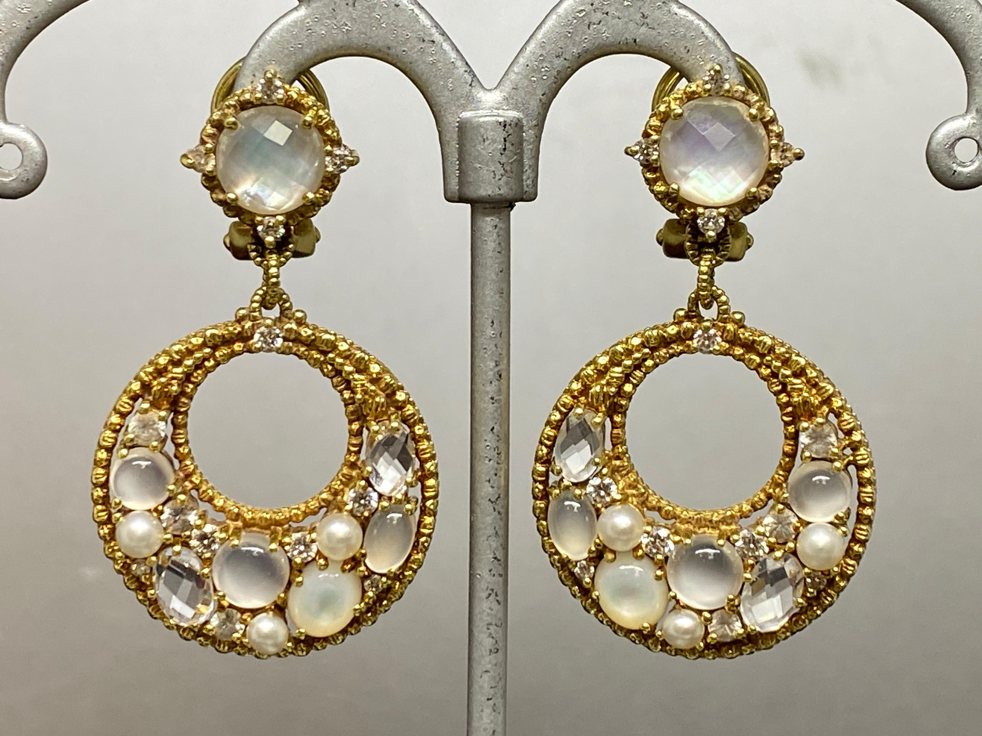 Brilliant Cut Judith Ripka 18k Yellow Gold Diamond, Moonstone & Gemstone Dangle Earrings For Sale