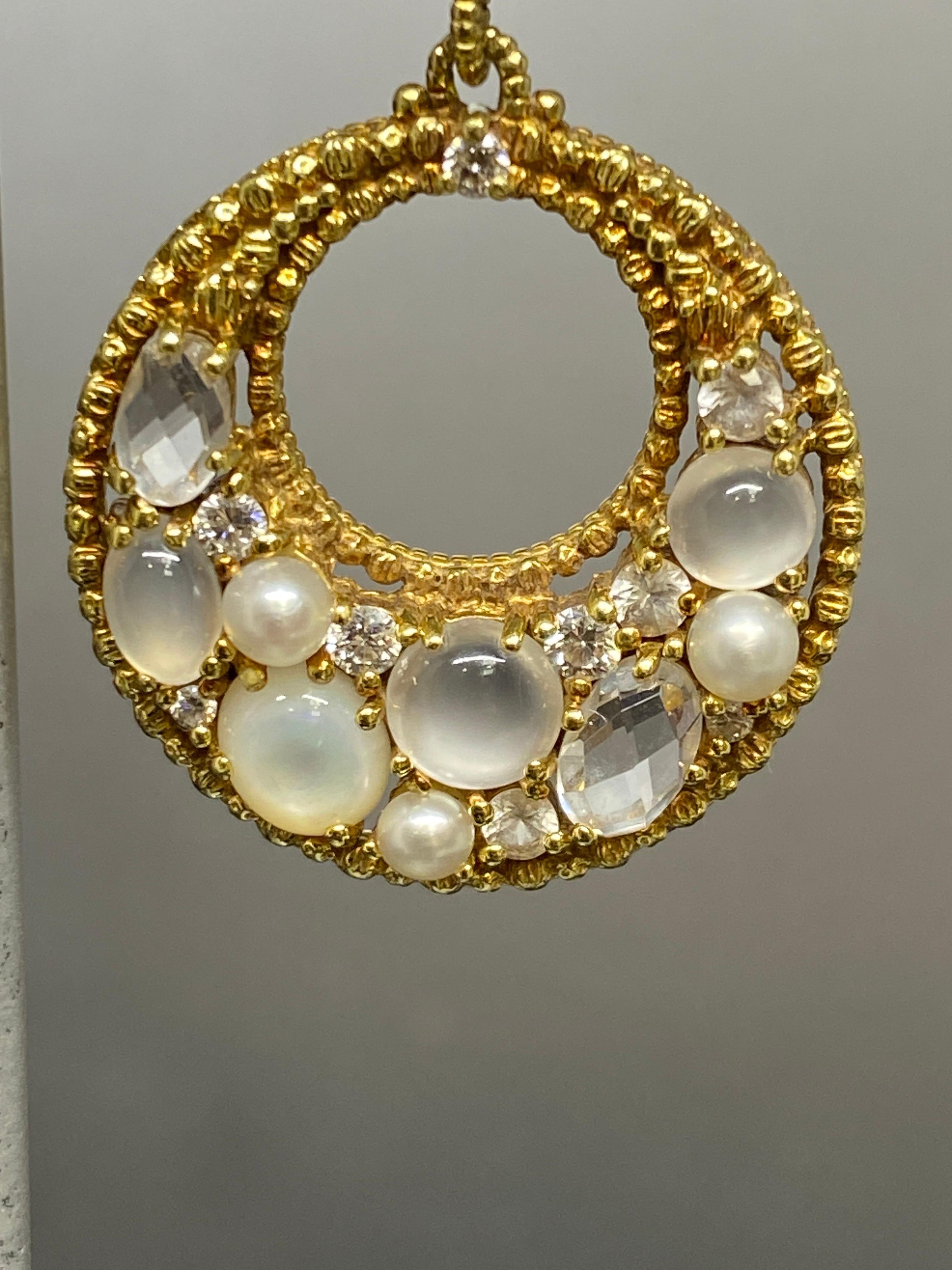 Judith Ripka 18k Yellow Gold Diamond, Moonstone & Gemstone Dangle Earrings In Good Condition For Sale In Bernardsville, NJ