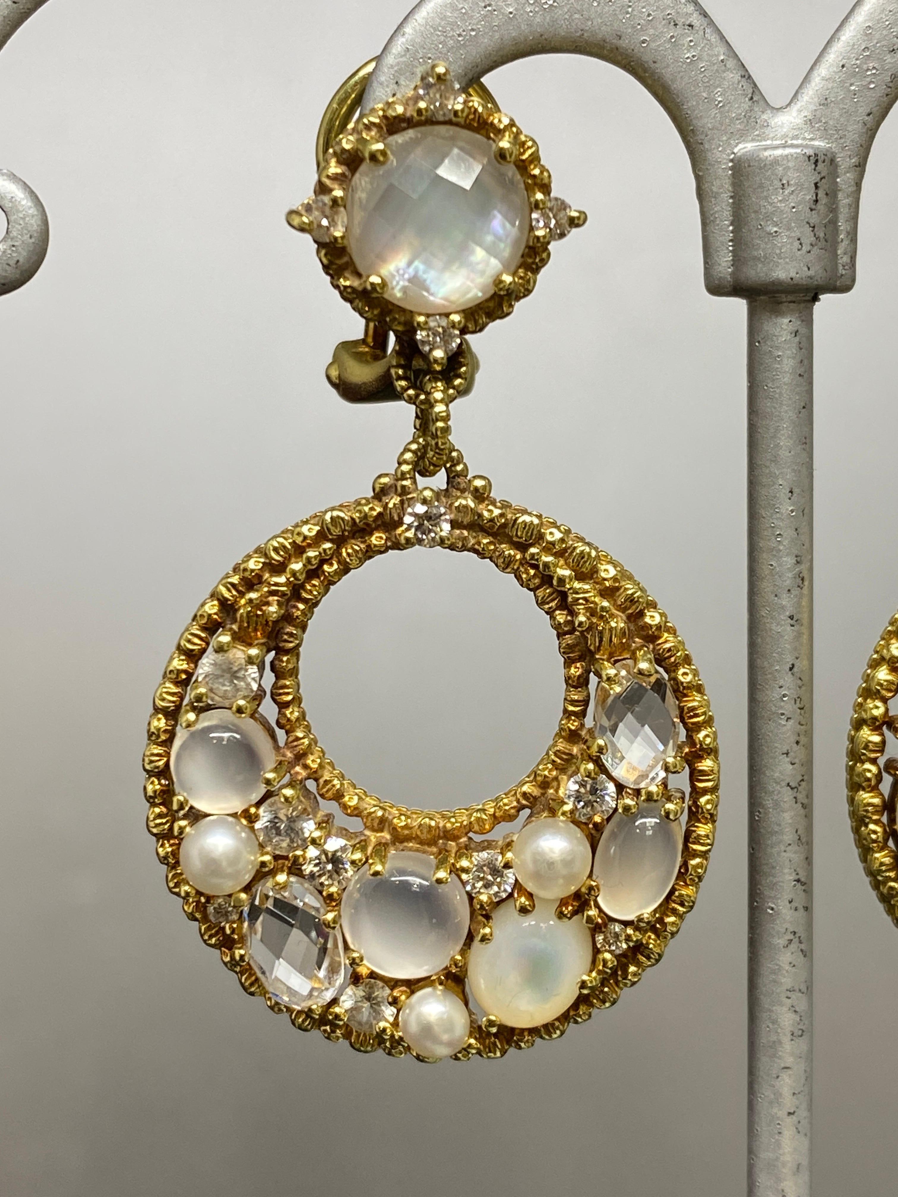 Judith Ripka 18k Yellow Gold Diamond, Moonstone & Gemstone Dangle Earrings For Sale 1