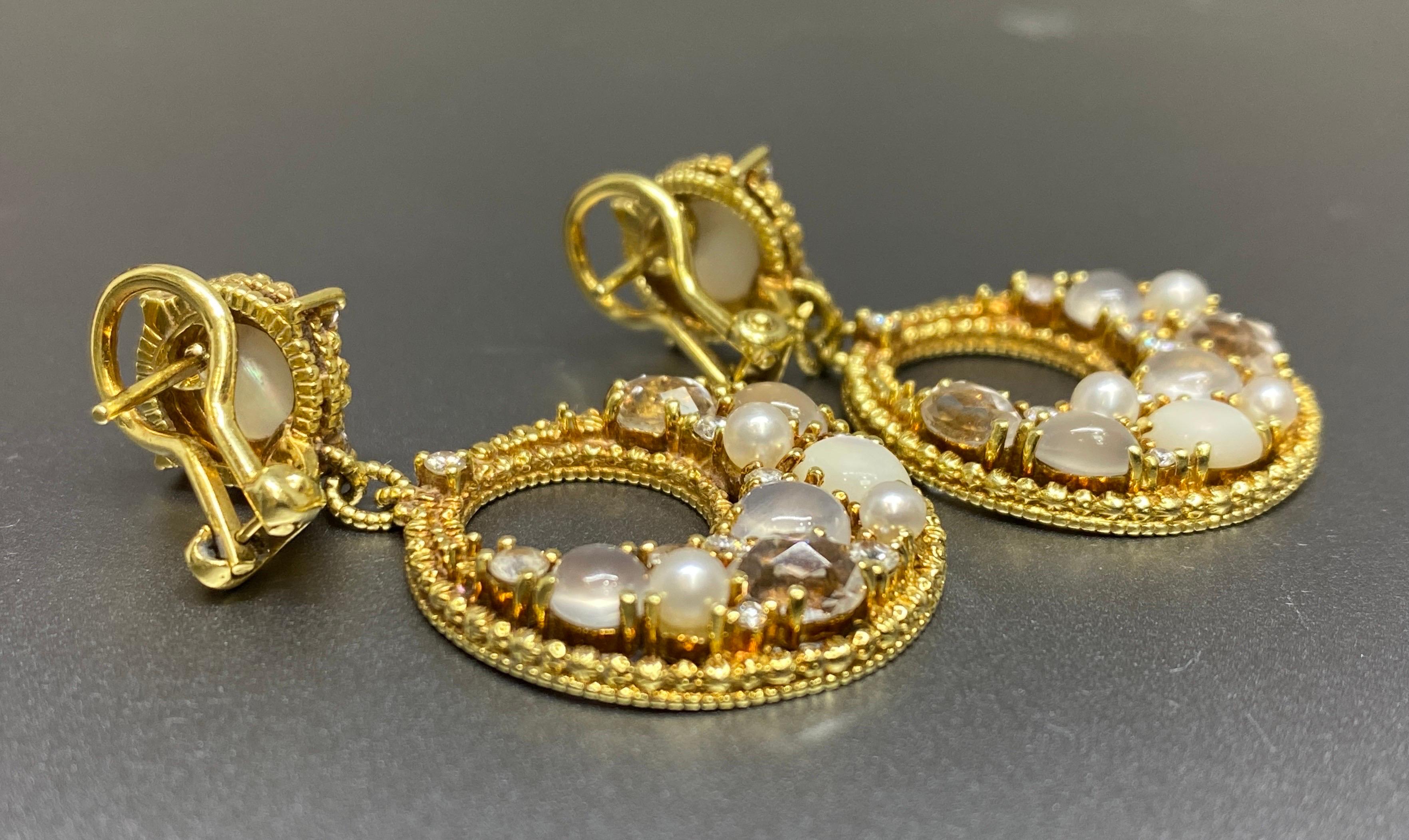 Judith Ripka 18k Yellow Gold Diamond, Moonstone & Gemstone Dangle Earrings For Sale 2