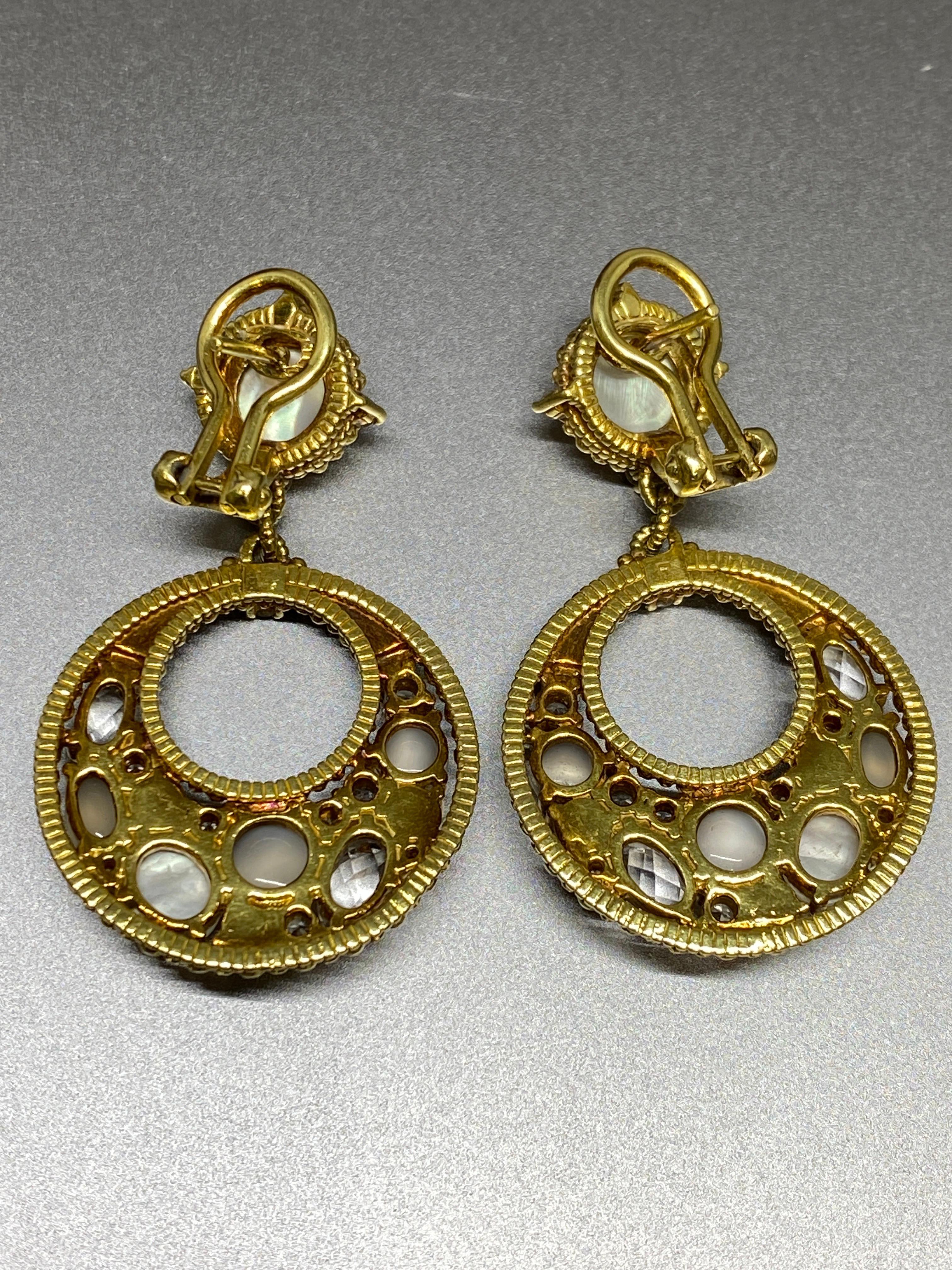 Judith Ripka 18k Yellow Gold Diamond, Moonstone & Gemstone Dangle Earrings For Sale 3
