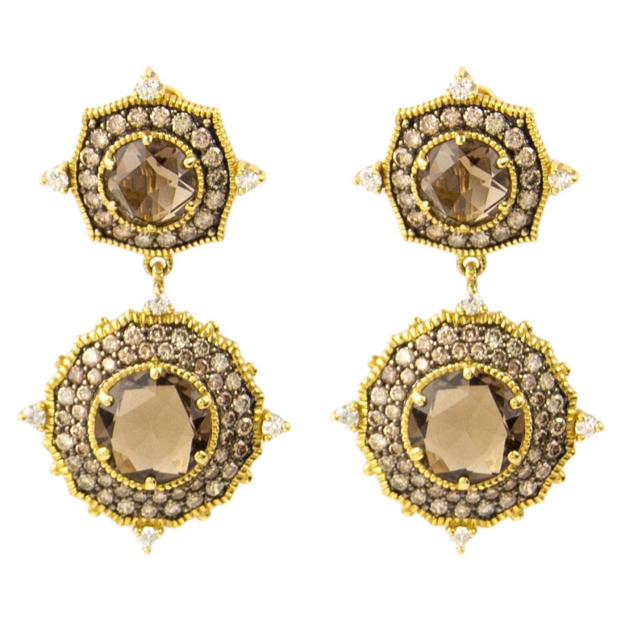 Judith Ripka, boucles d'oreilles en or jaune 18 carats avec diamants et quartz