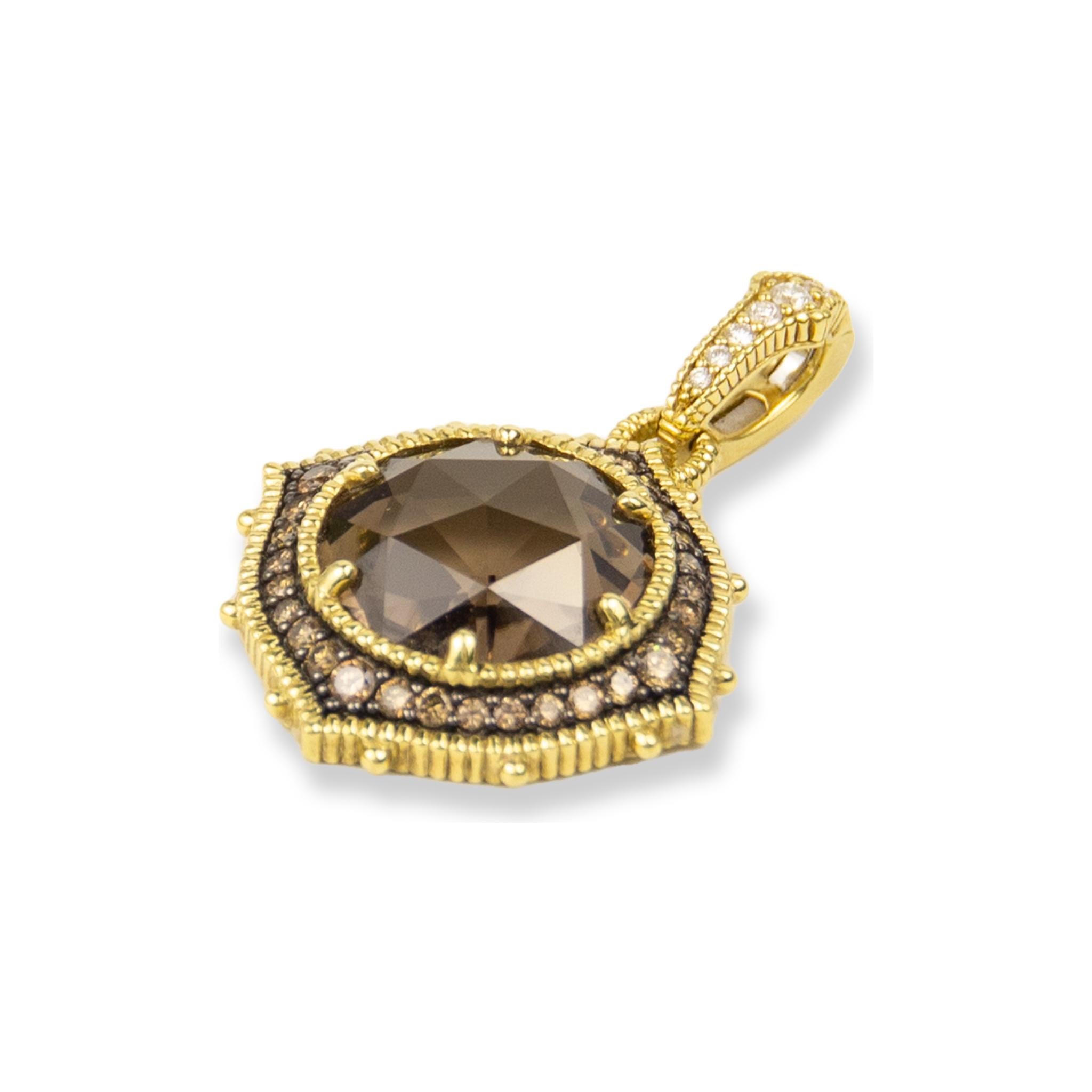 Judith Ripka 18K Yellow Gold Pendant
Blue Quartz: 7.75ctw 
Diamonds: 0.99ctw
SKU: JR01032
Retail price: $5,760.00
