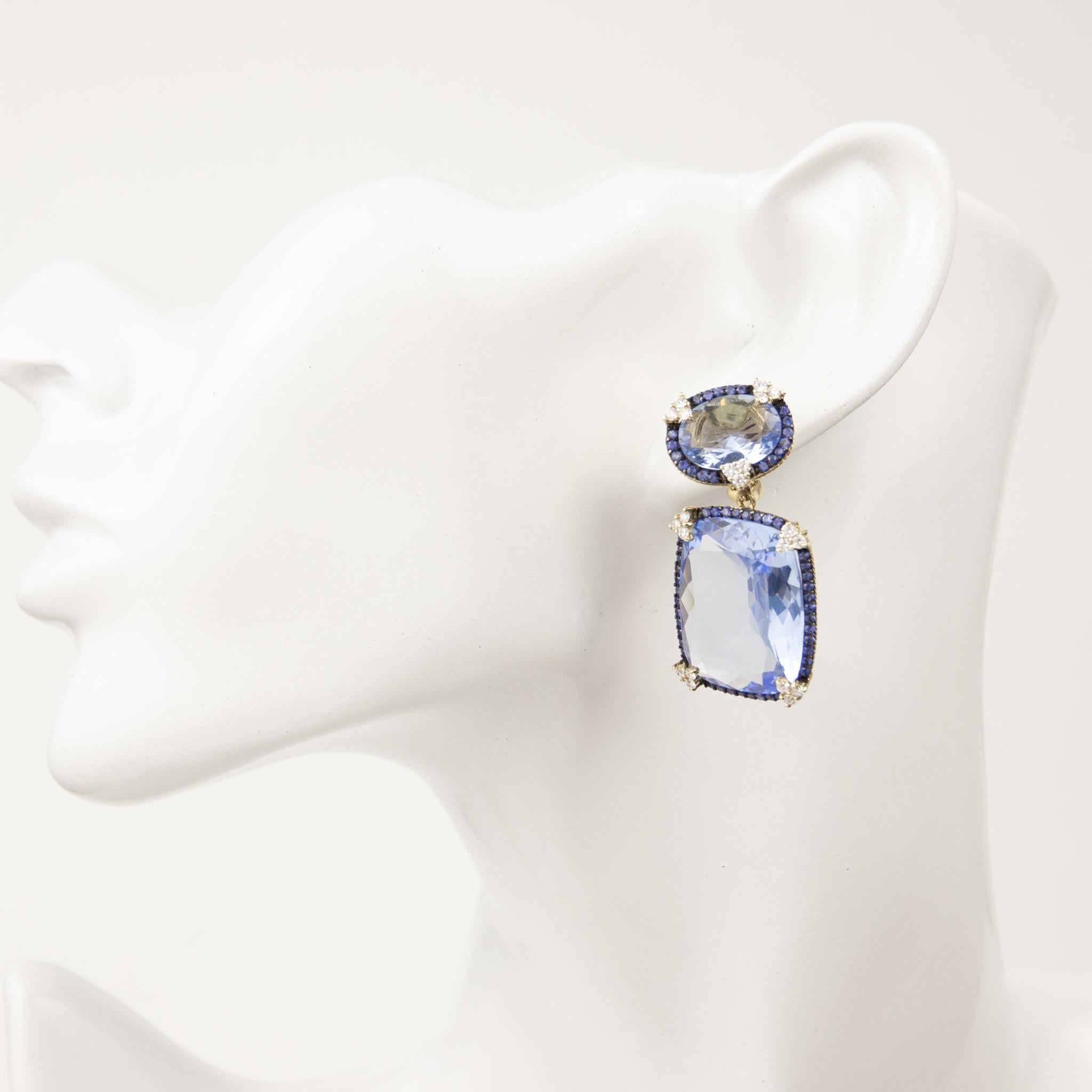 Modern Judith Ripka 18k Yellow Gold Diamond & Quartz & Sapphire Earrings For Sale