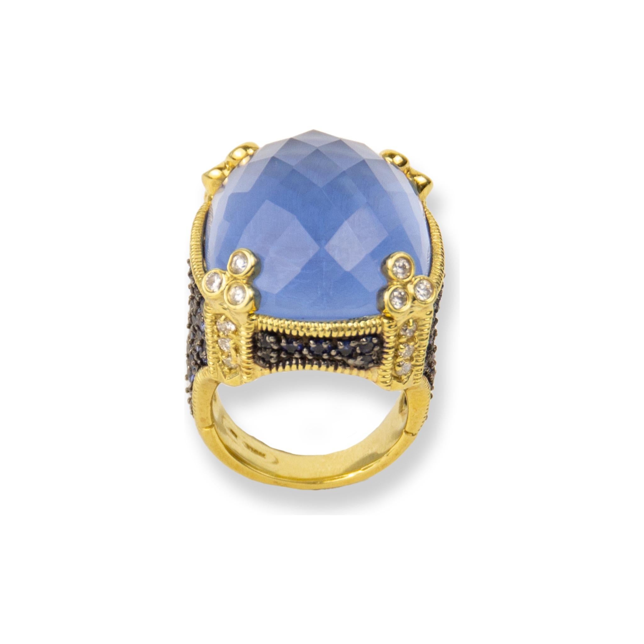 Modern Judith Ripka 18k Yellow Gold Diamond & Quartz & Sapphire Ring For Sale