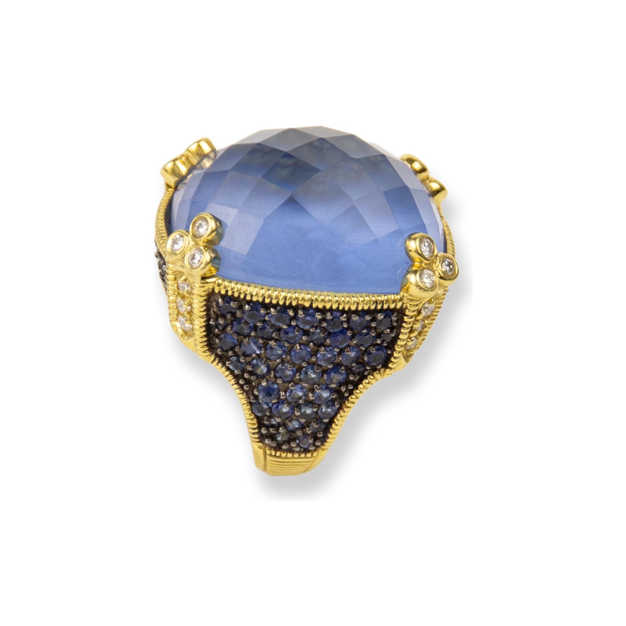 Brilliant Cut Judith Ripka 18k Yellow Gold Diamond & Quartz & Sapphire Ring For Sale