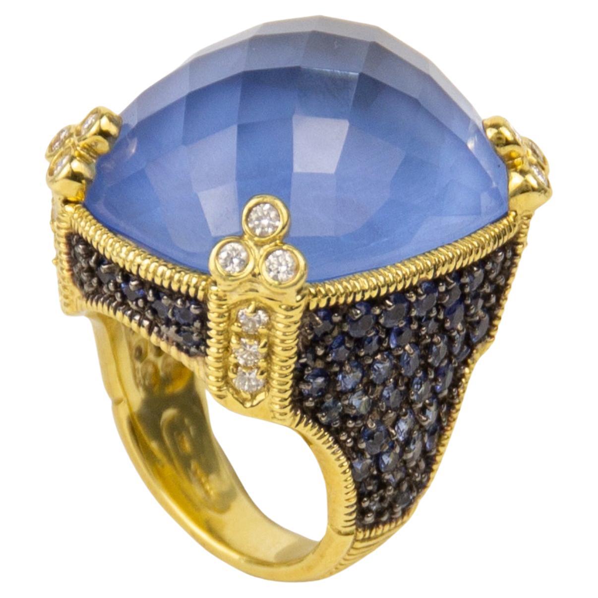 Judith Ripka 18k Yellow Gold Diamond & Quartz & Sapphire Ring For Sale