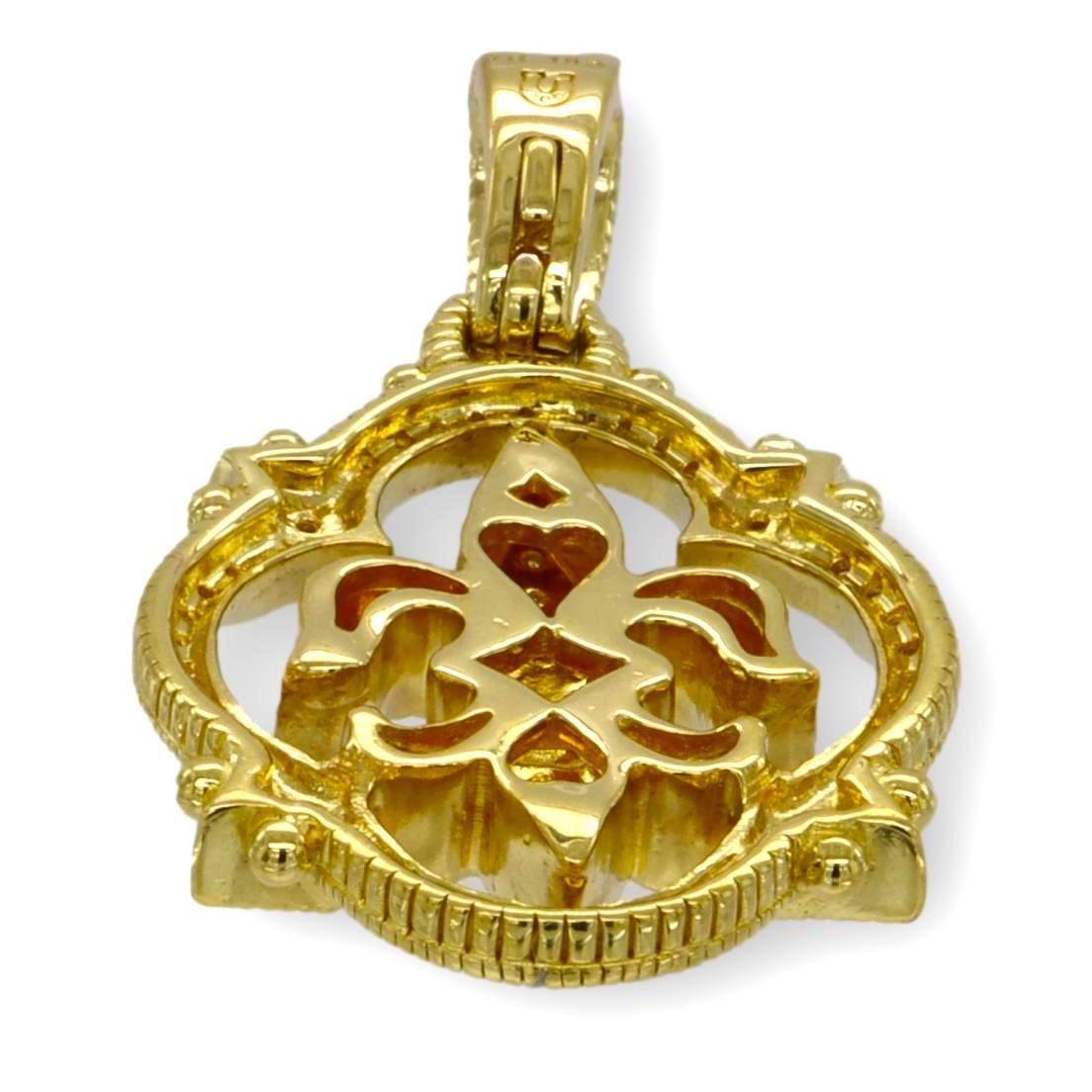 Judith Ripka Fleur De Lis Pendant finely crafted in 18k Yellow Gold featuring 56 round brilliant cut diamonds weighing 0.56 cts total weight featuring an open oval shape floral design with a Fleur de Lis symbol in the center, all decorated with