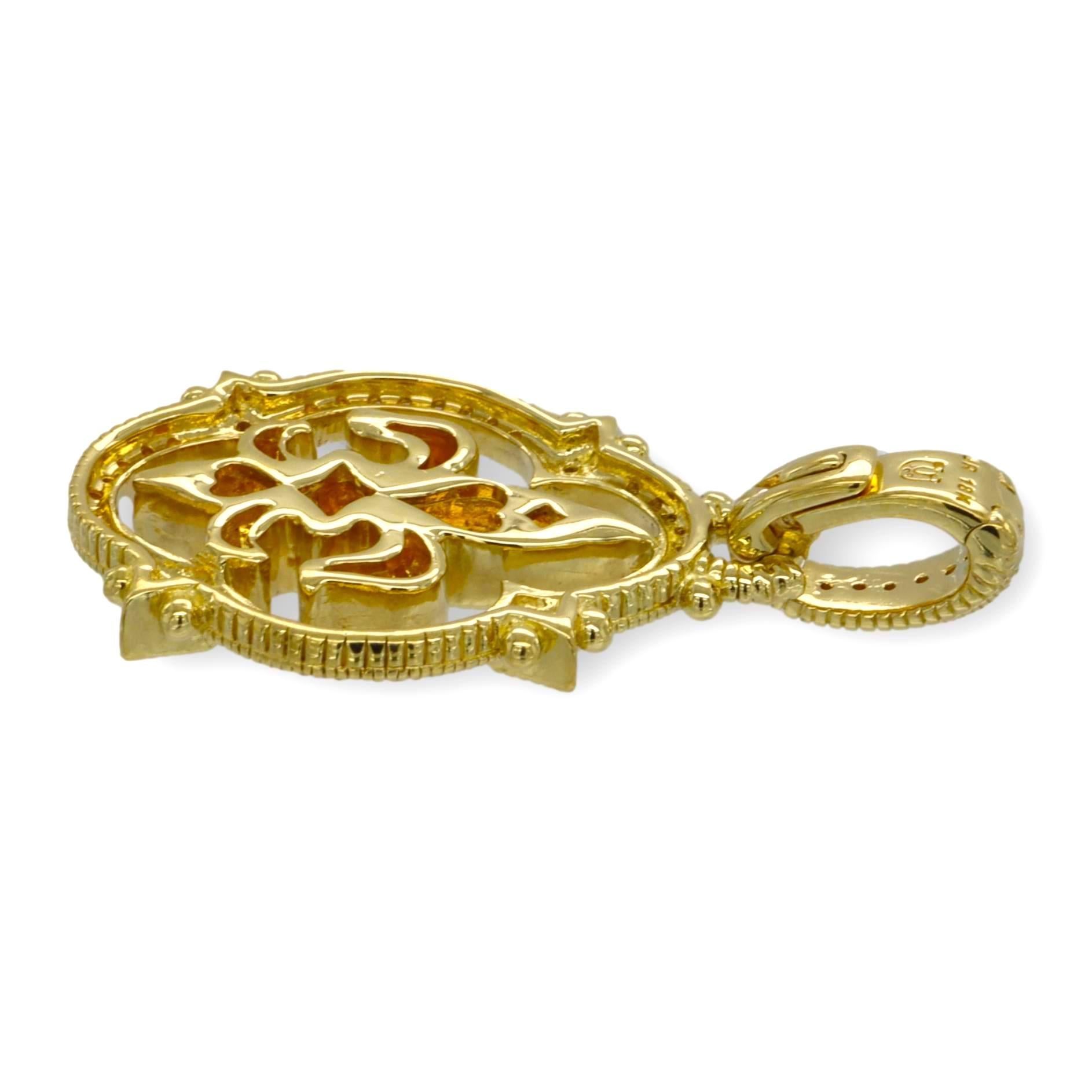Round Cut Judith Ripka 18K Yellow Gold Fleur De Lis 0.56 Ct Diamond Charm Pendant