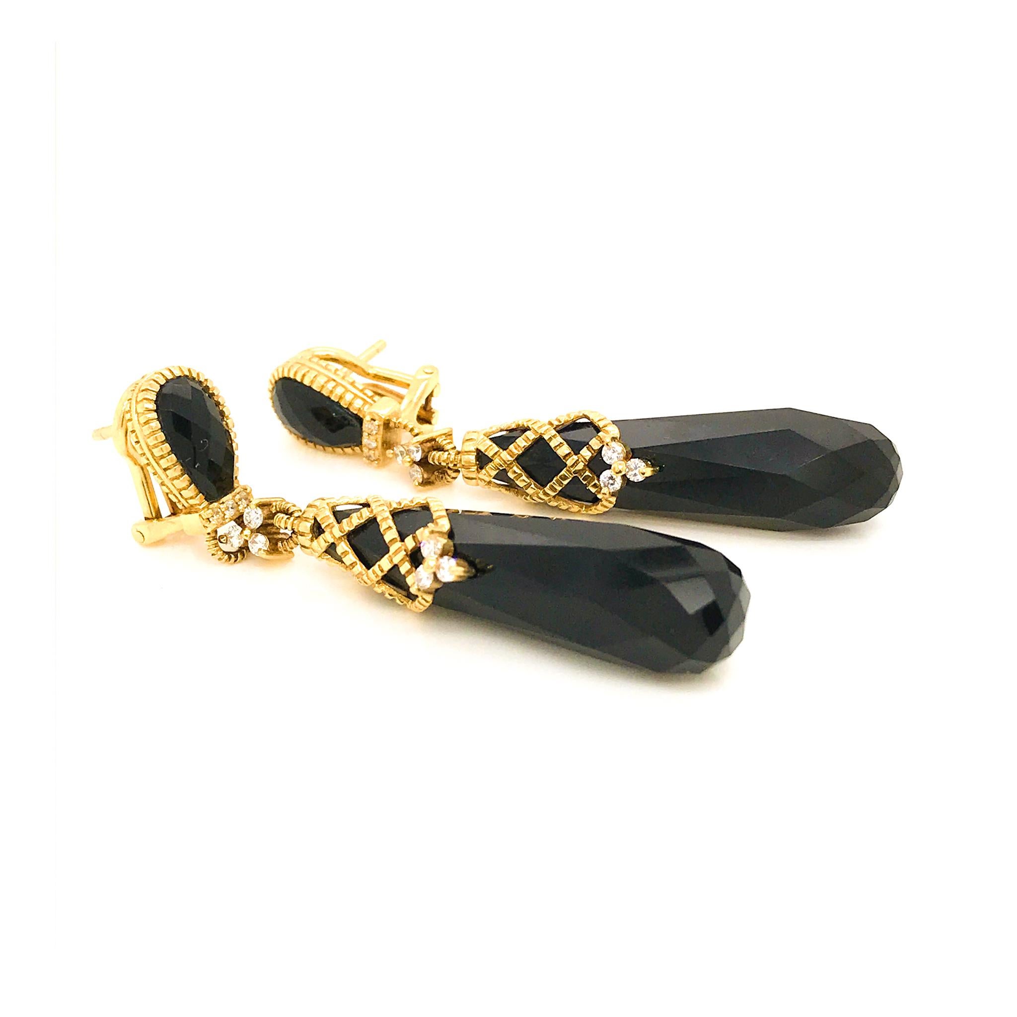 Judith Ripka 18 Karat Yellow Gold Onyx and Diamond Dangle Earrings In Excellent Condition In New York, NY