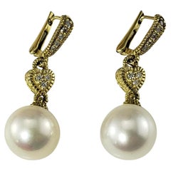 Judith Ripka 18K Yellow Gold Pearl and Diamond Dangle Earrings #19925