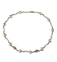 Judith Ripka 18K Yellow Gold Pearl Diamond Station Necklace w/Pouch 16" #24617