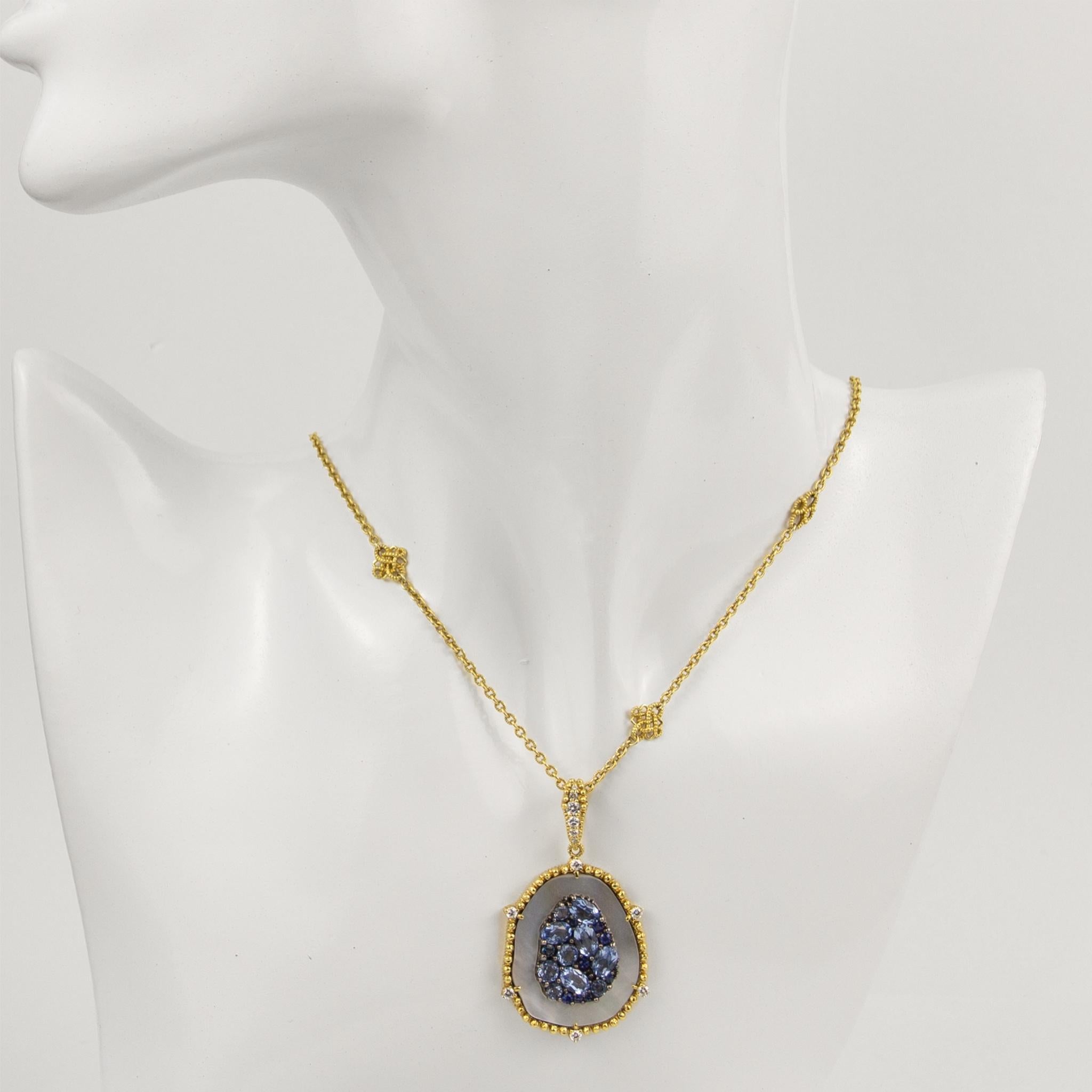 Round Cut Judith Ripka 18k Yellow Gold Quartz & Sapphire MOP Pendant Necklace For Sale