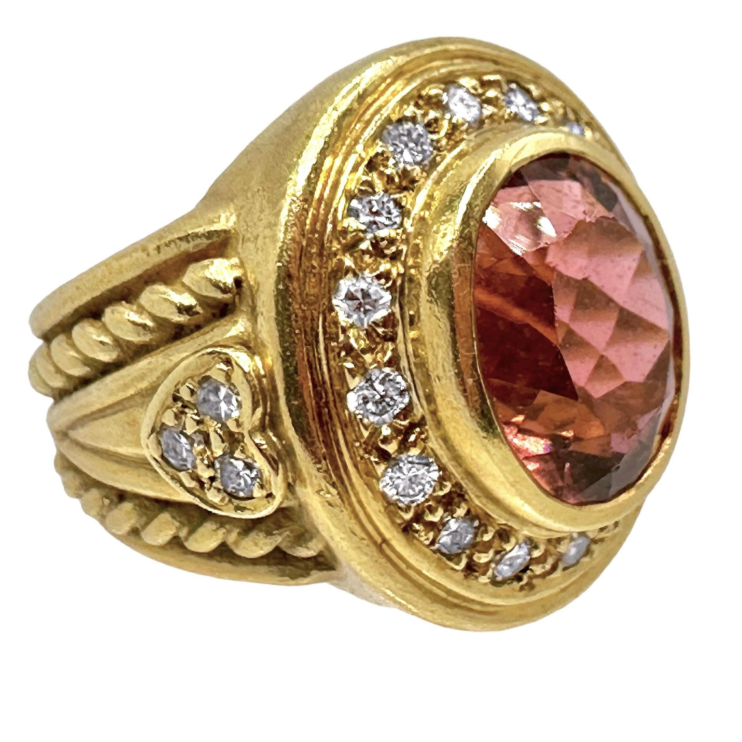 Revival Judith Ripka 18k Yellow Gold Ring with Rubelite Tourmaline and Diamonds For Sale