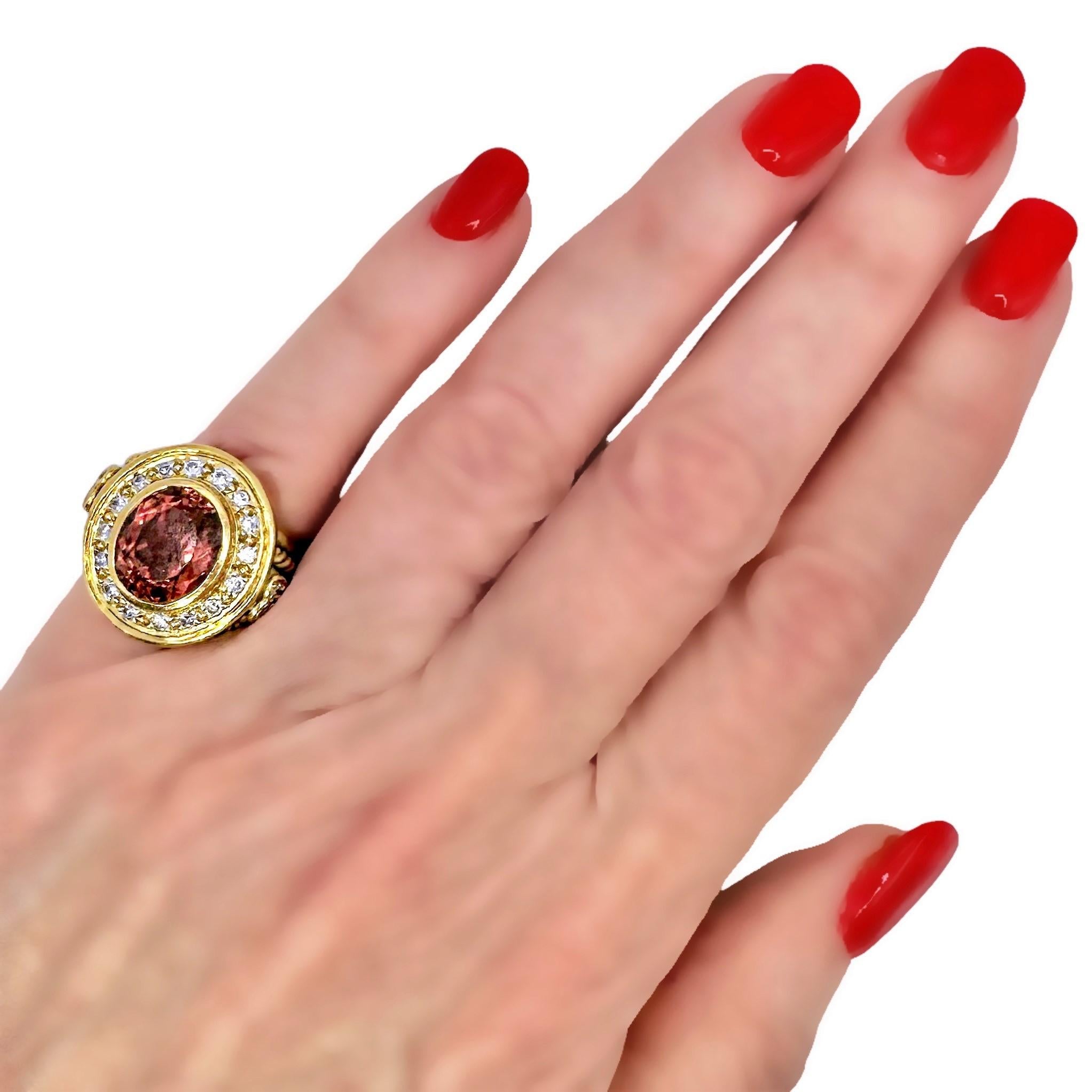 Women's Judith Ripka 18k Yellow Gold Ring with Rubelite Tourmaline and Diamonds For Sale