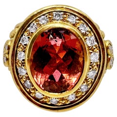 Retro Judith Ripka 18k Yellow Gold Ring with Rubelite Tourmaline and Diamonds