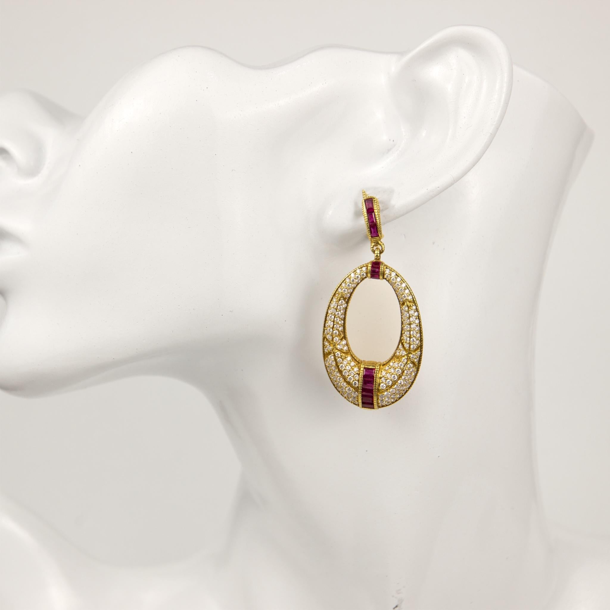 Brilliant Cut Judith Ripka 18k Yellow Gold Ruby & Diamond Earrings For Sale