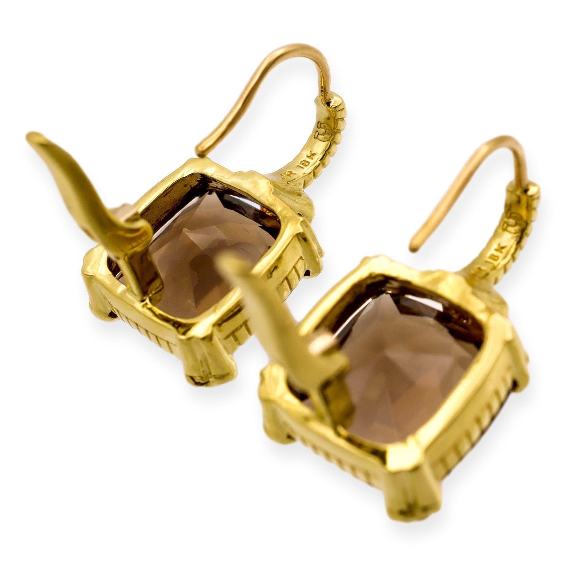 Contemporary Judith Ripka 18ky Gold and Diamond Smokey Quartz Lever-Back Dangle Earrings