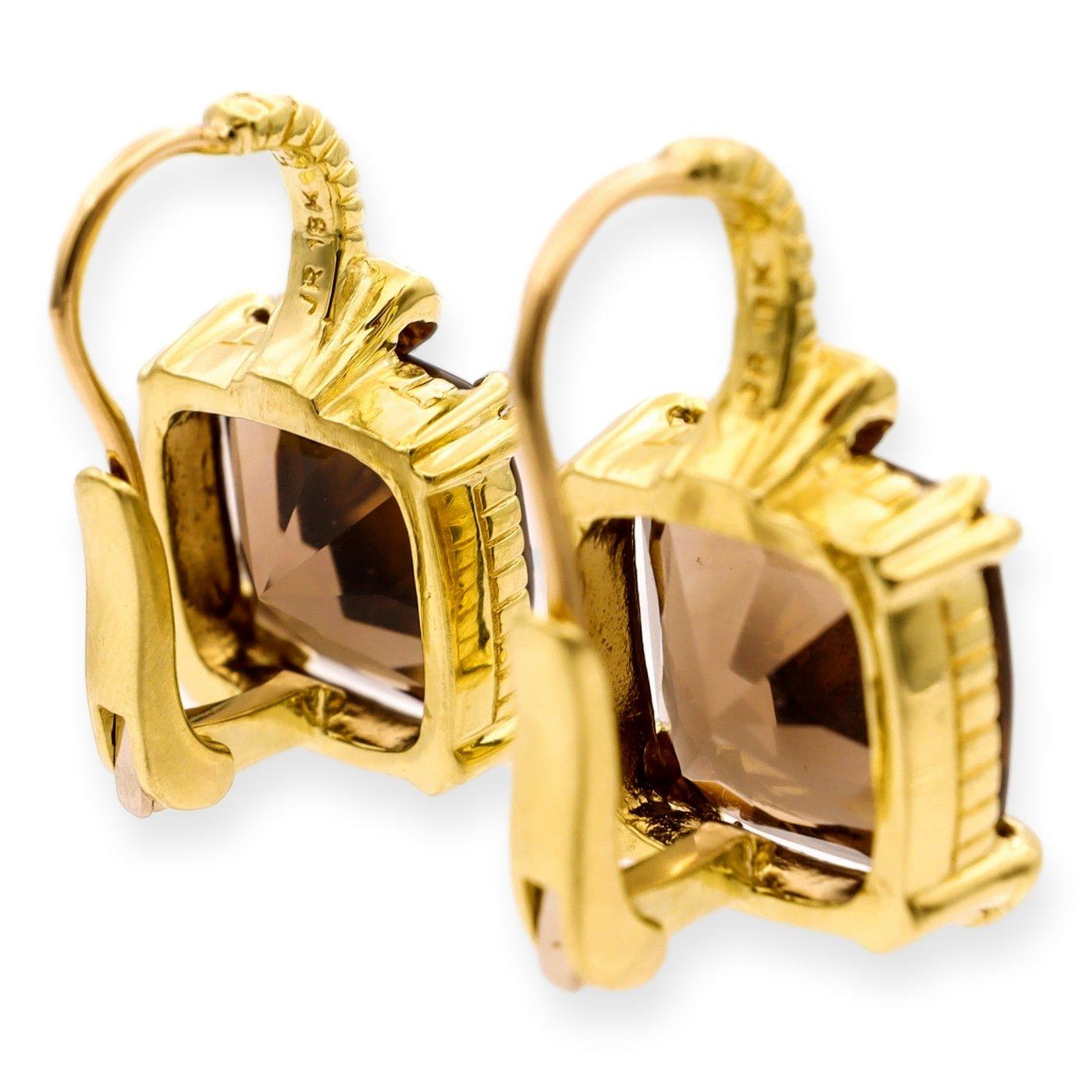 Cushion Cut Judith Ripka 18ky Gold and Diamond Smokey Quartz Lever-Back Dangle Earrings For Sale