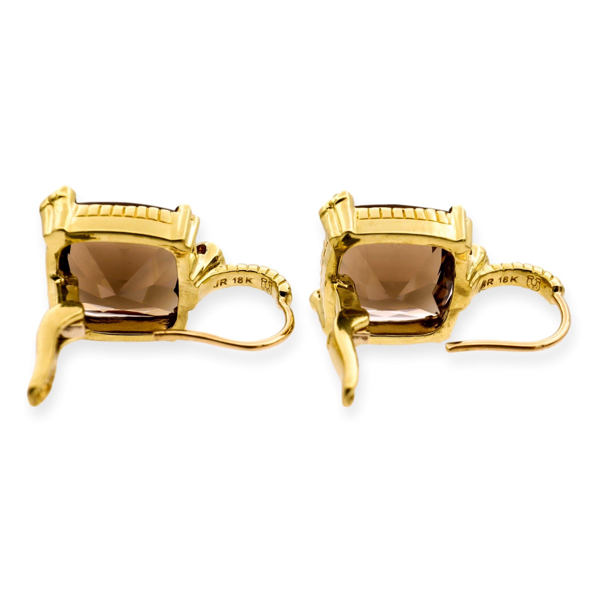 Judith Ripka 18ky Gold and Diamond Smokey Quartz Lever-Back Dangle Earrings In Good Condition For Sale In New York, NY