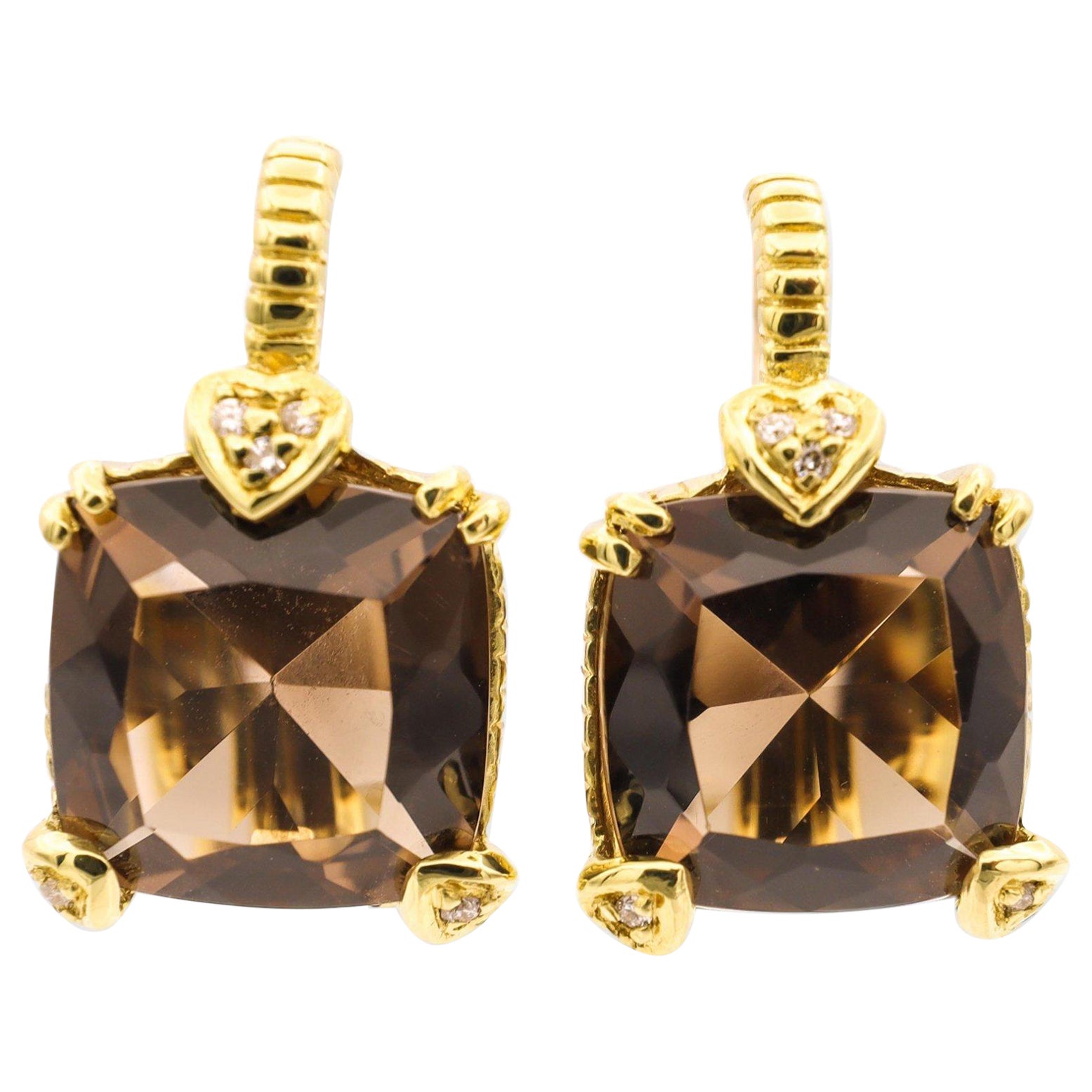 Judith Ripka 18ky Gold and Diamond Smokey Quartz Lever-Back Dangle Earrings For Sale