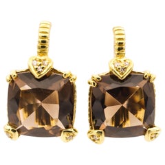 Judith Ripka 18ky Gold and Diamond Smokey Quartz Lever-Back Dangle Earrings