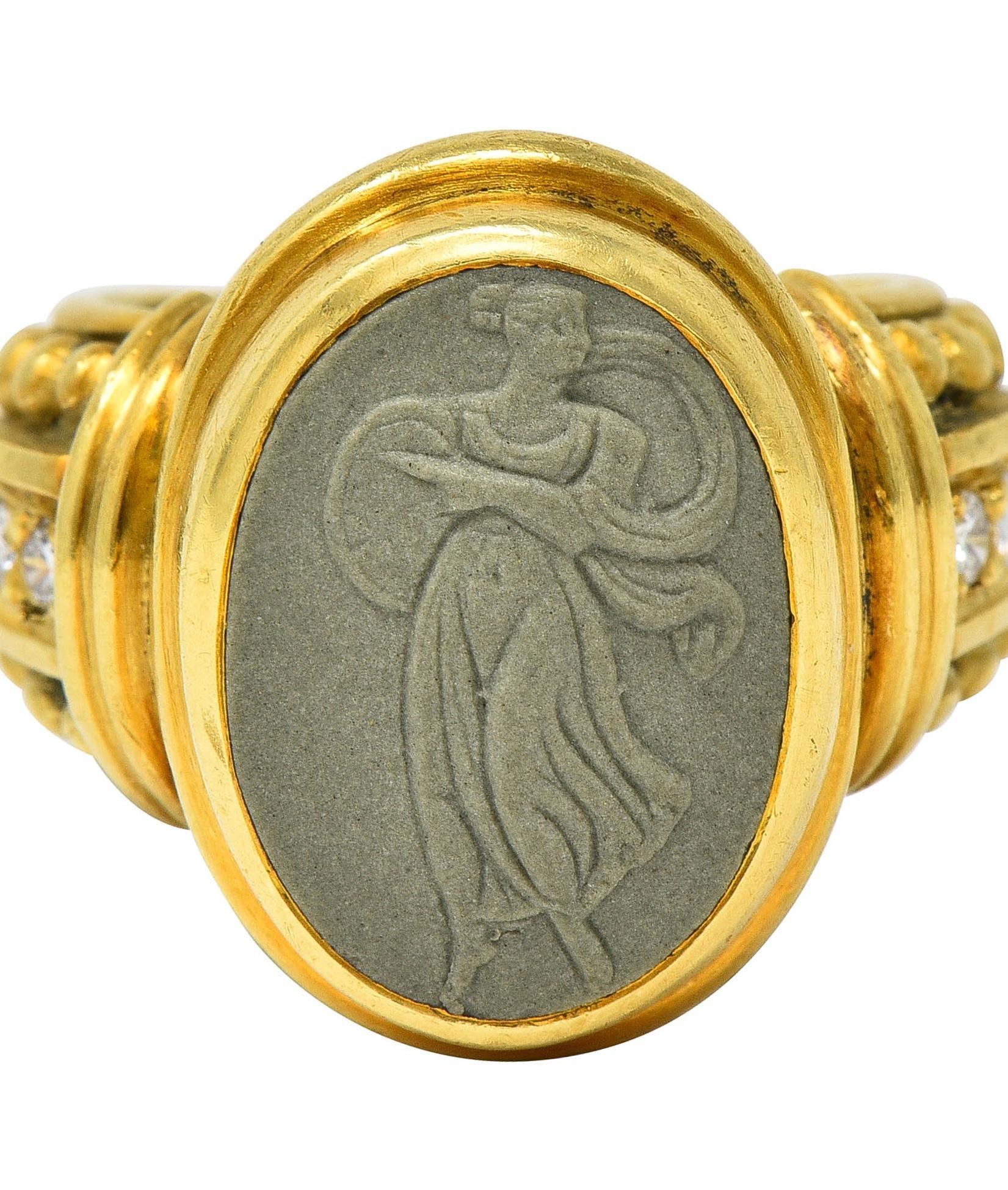 Judith Ripka 1990's Lava Rock Cameo Diamond 18 Karat Gold Vintage Signet Ring 5